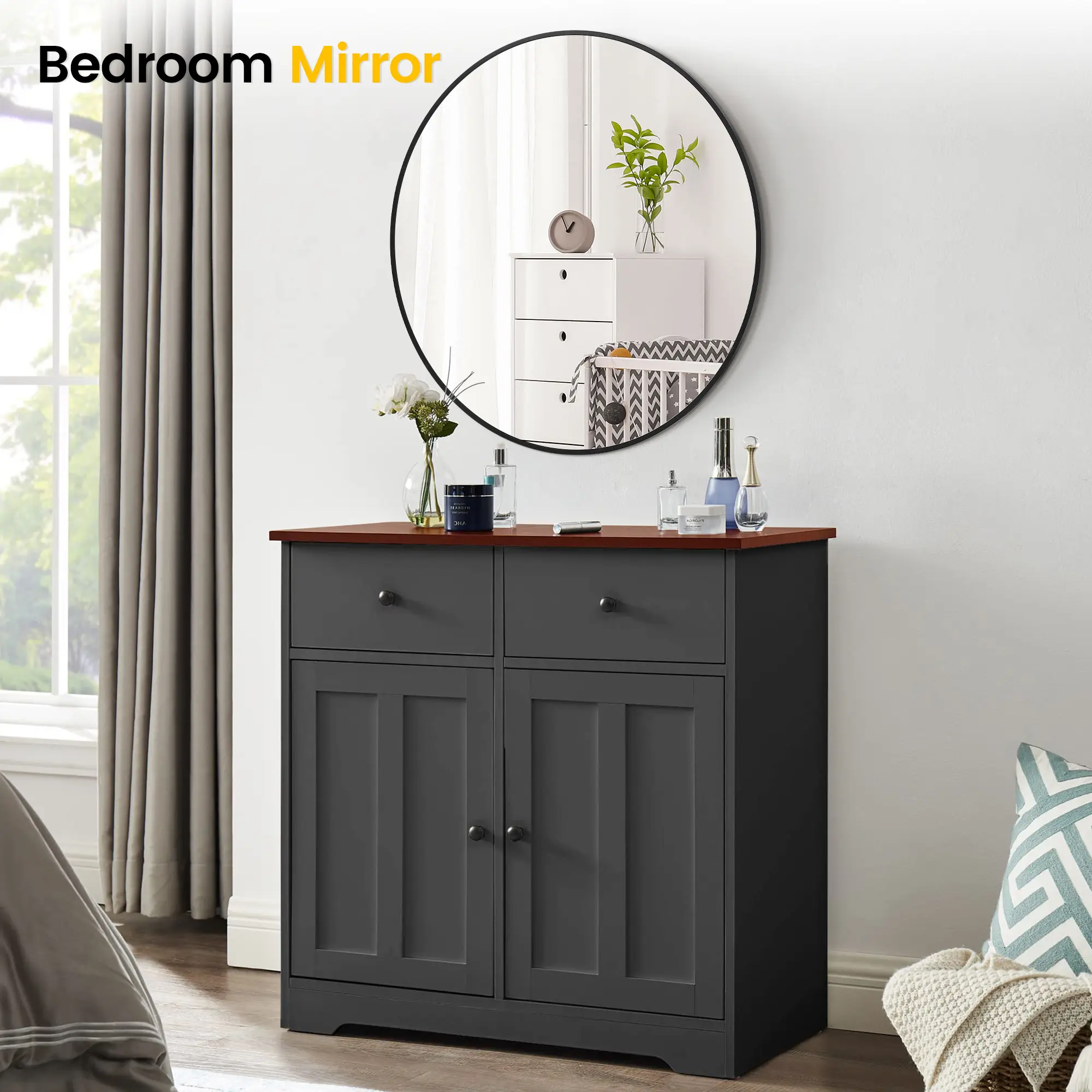 OP-24''Round  Black Wall Mirror with Black Metal Frame | Wall Mounted Circle Mirror for Bathroom, Vanity, Entryway, Bedroom, Living Room | Contemporary Farmhouse Style​