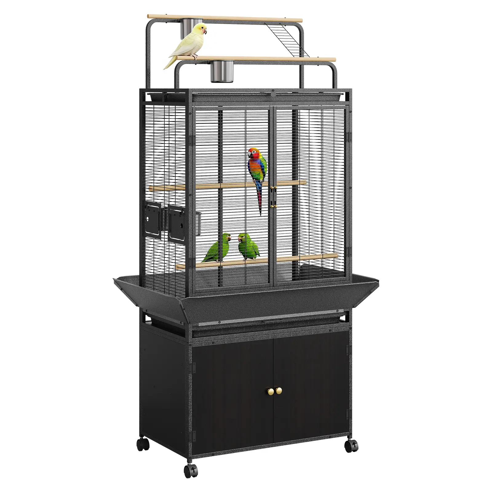 Large Rolling Bird Cage with Play Top – Heavy Duty Metal Aviary, Storage Cabinet & Removable Tray, Flight Cage for Parrots, Cockatiels & Budgies – Black