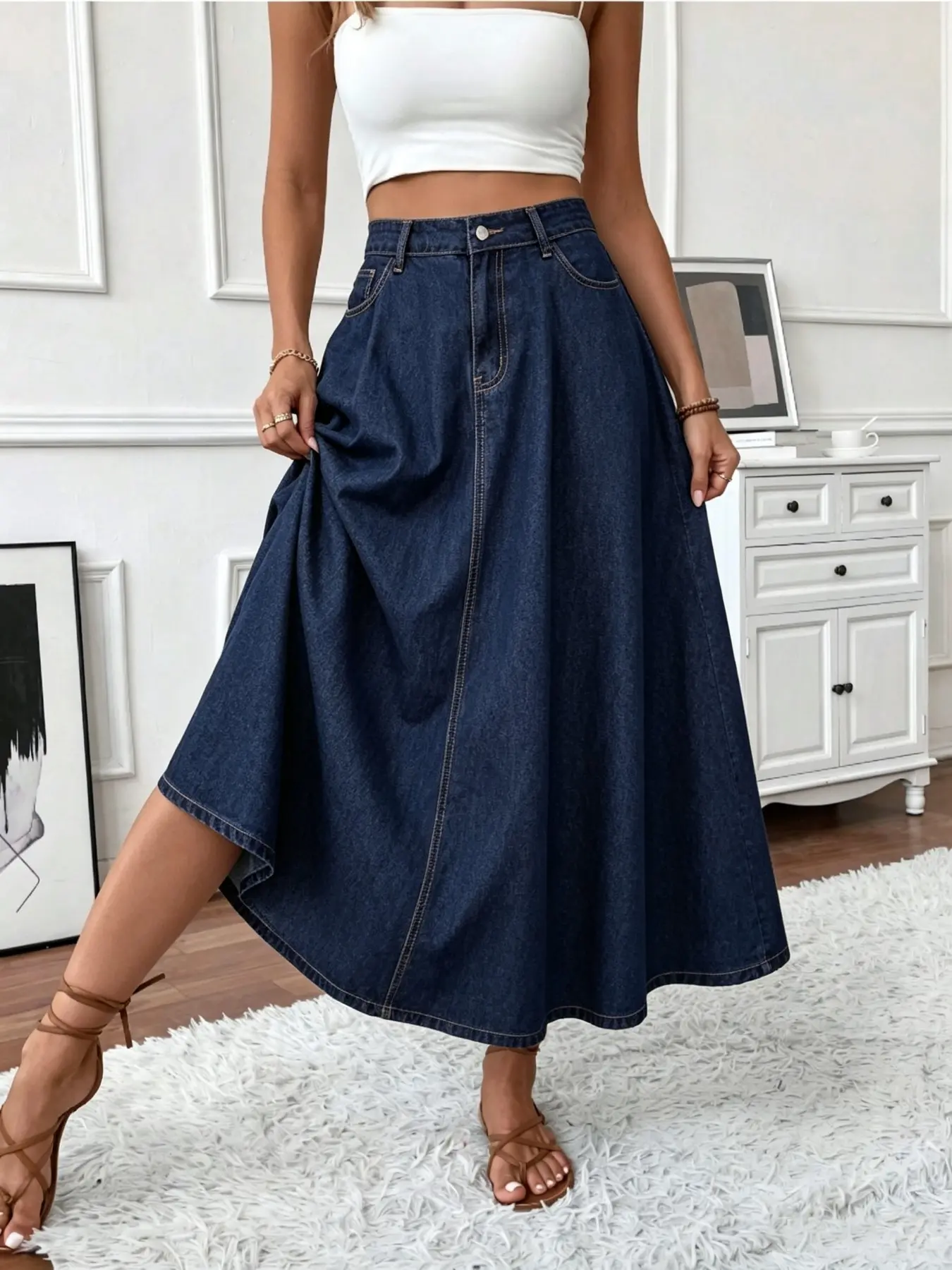 Women's Deep Blue High Waist A-Line Denim Midi Skirt, Vintage Versatile Loose Fit, Flared Half Skirt, Commute Casual Style, Bottoms