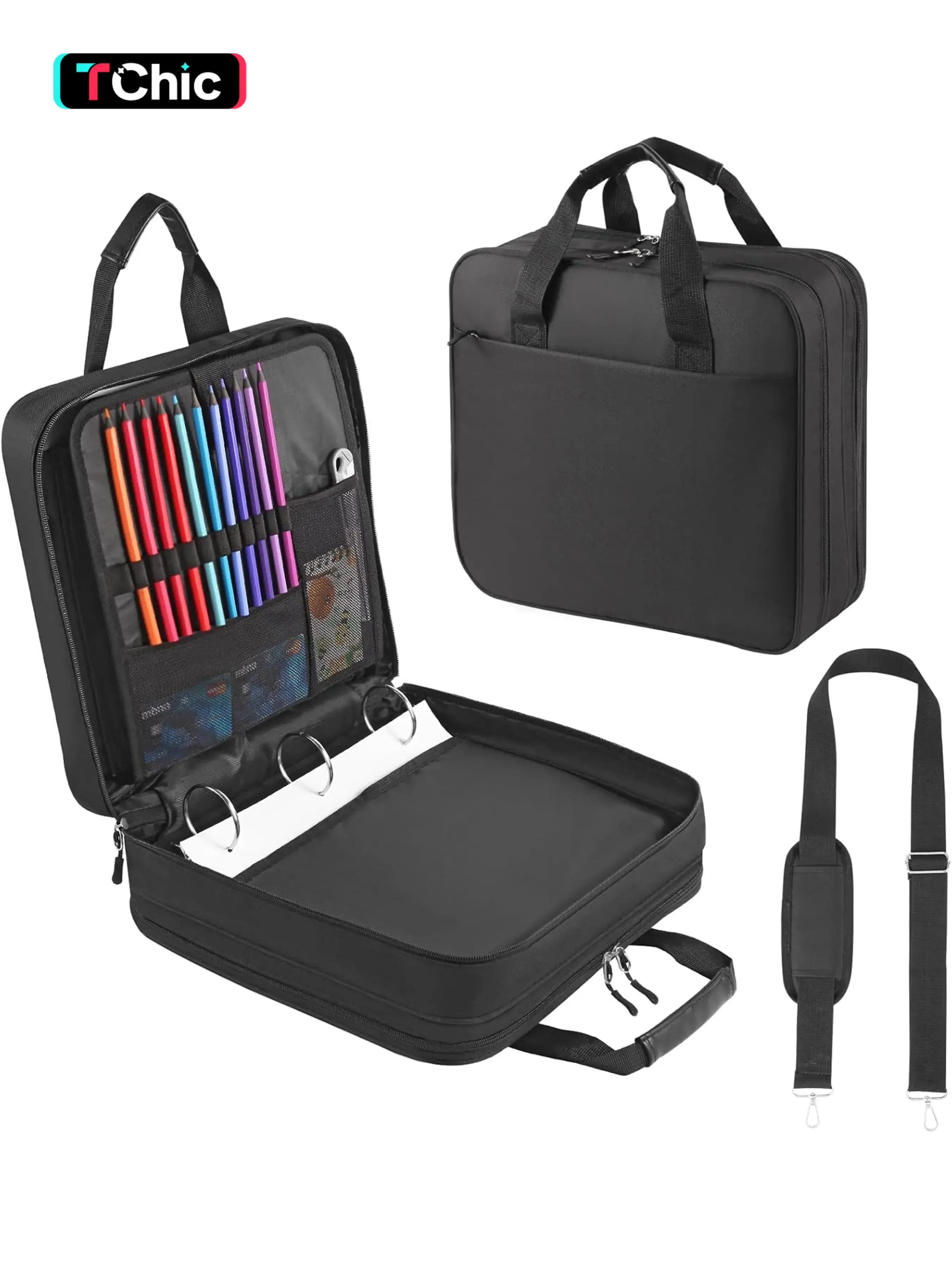Zipper Binder 3 Ring with Shoulder Strap, 2 Inch O-rings, 500-sheet Capacity, Binder Bag with Expanding File Folder & Multi-pockets, Trapper Keeper Fits for 13 Inch Laptop, Office Accessories, Storage Binder, Document Organizer Binder