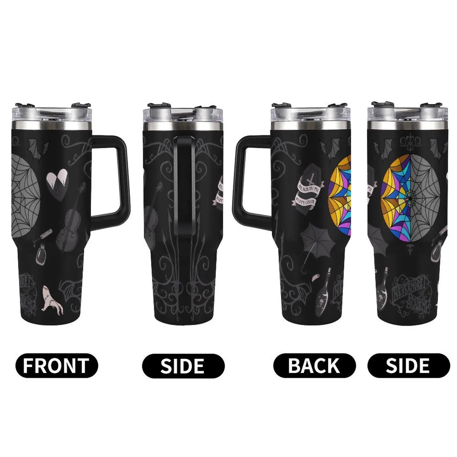 40oz Wednesday Addams Stainless Steel Vacuum Flask - Black Gothic Nevermore Academy Insulated Drink Cup with Handle, Straw, Lid, Plastic Accessories, Gift for Wednesday Fans (Black Is My Happy Color Theme), Flasks