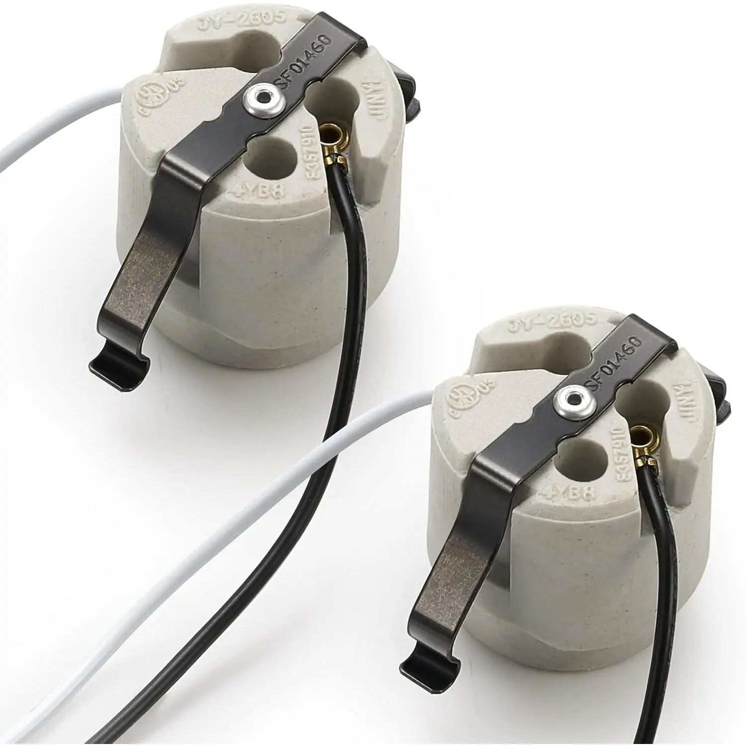 2-Pack Keyless Snap-In Ceramics Socket, Medium E26 Base U-Clip Porcelain Socket with 6" Black & White Wires, 660W 600V for Residential Incandescent Lighting Fixtures