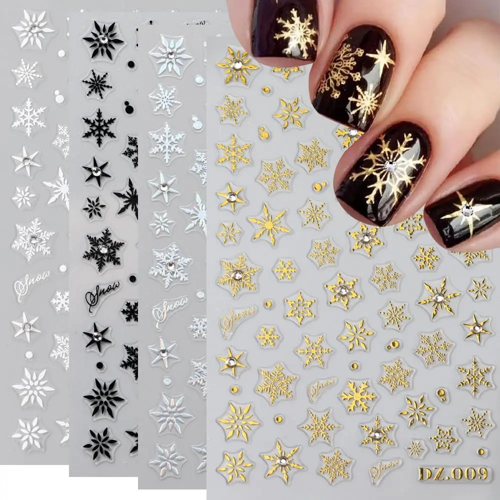 Snowflake  Stickers,  Embossed Christmas   with Rhinestones   Black White Snowflake Winter  Art Design for Women Girls(4 Sheets)
