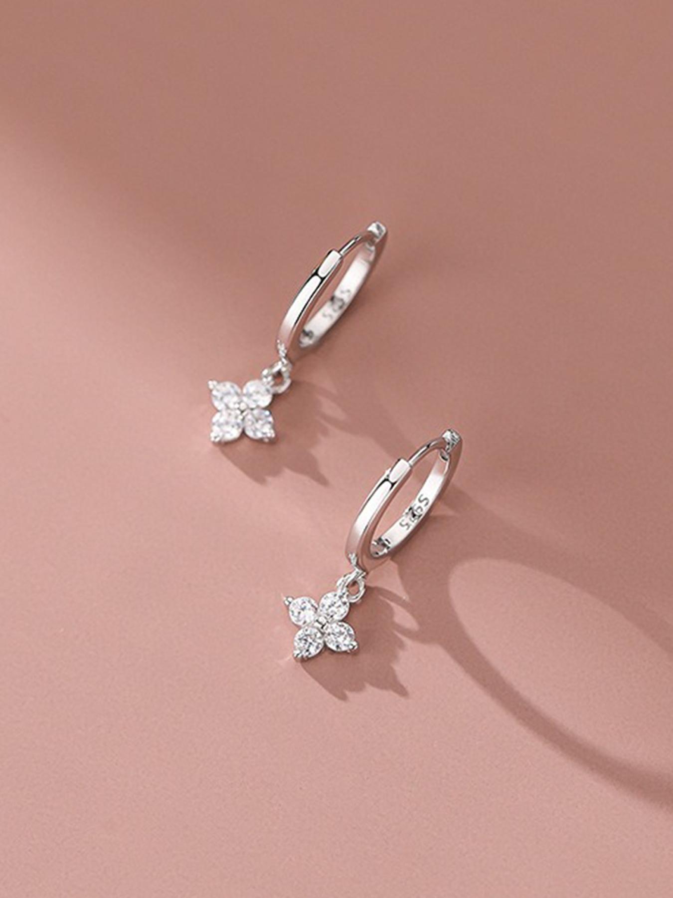 S925 Sterling Silver Four Leaf Clover Rhinestone Design Earrings, Fashionable Earrings for Women, Trendy All-match & Exquisite Jewelry for Birthday Gift