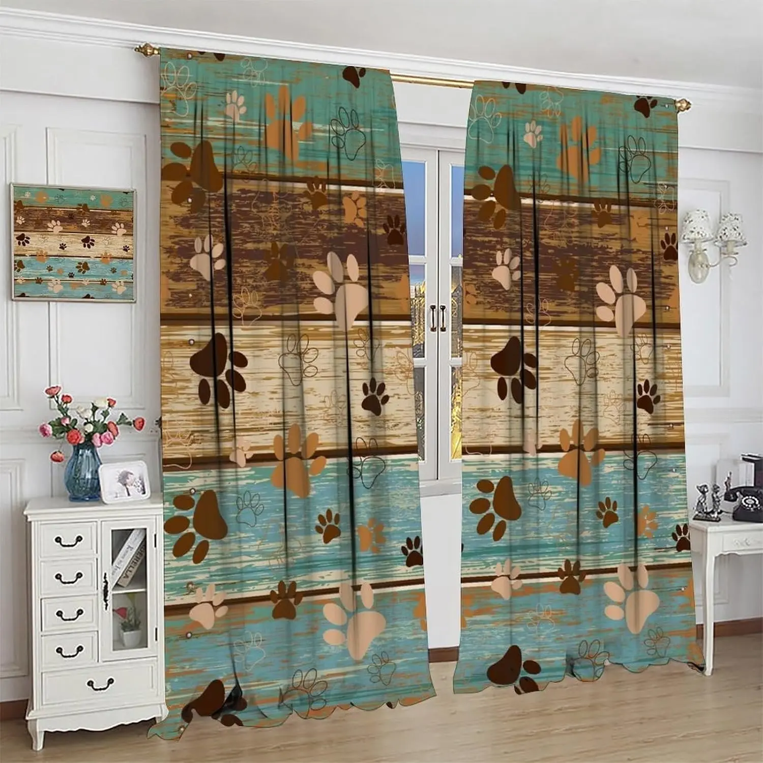 2pcs Dog Paw Pattern Curtains, Curtain Panels, Rustic Style Blue Wood Grain Background, Semi-Transparent Polyester, Easy to Hang, Bedroom Living Room Decor