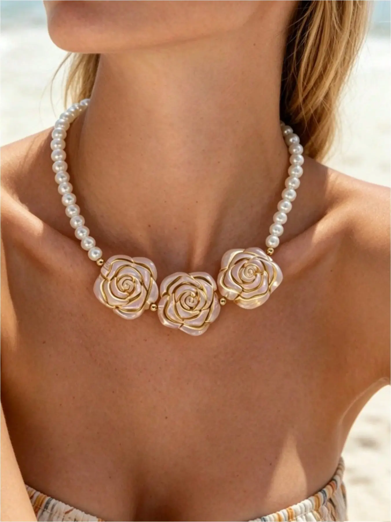 1PC French Rose Dainty Pearl Choker Necklace, Elegant Floral Collarbone Chain, Vintage Style Jewelry for Women