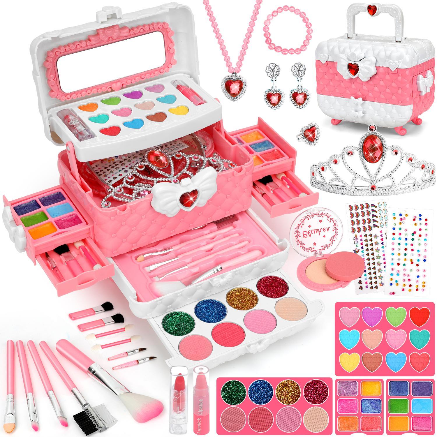 Children's Make-up Set with Drawer Storage Box Portable role-play toy, 56-piece set including powder puff, lipstick, eyeshadow brush, crown, necklace, earrings and more. An excellent gift choice.