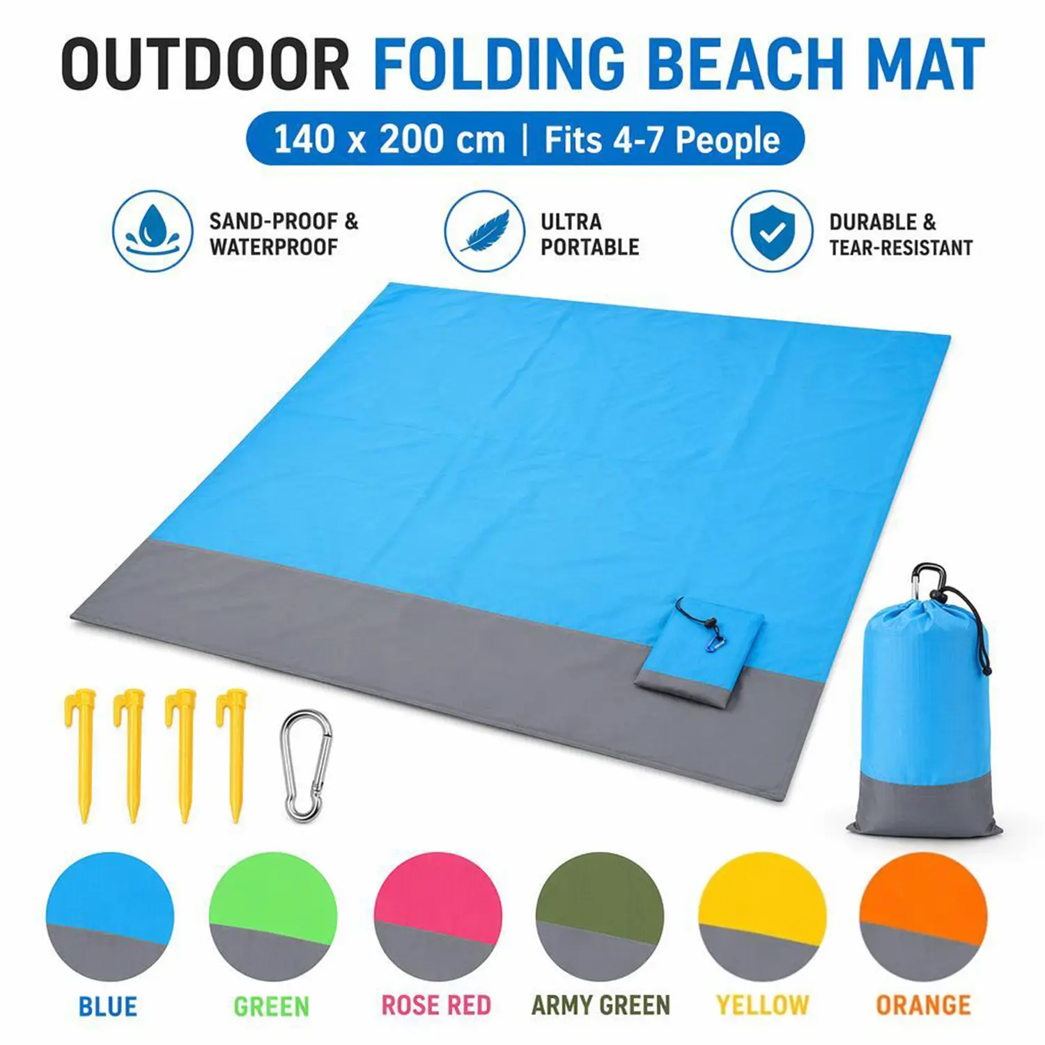 Portable Foldable Beach Mat, Waterproof Sand Proof Outdoor Picnic Blanket with Stakes, Lightweight Travel Ground Mat for Camping Park Backyard