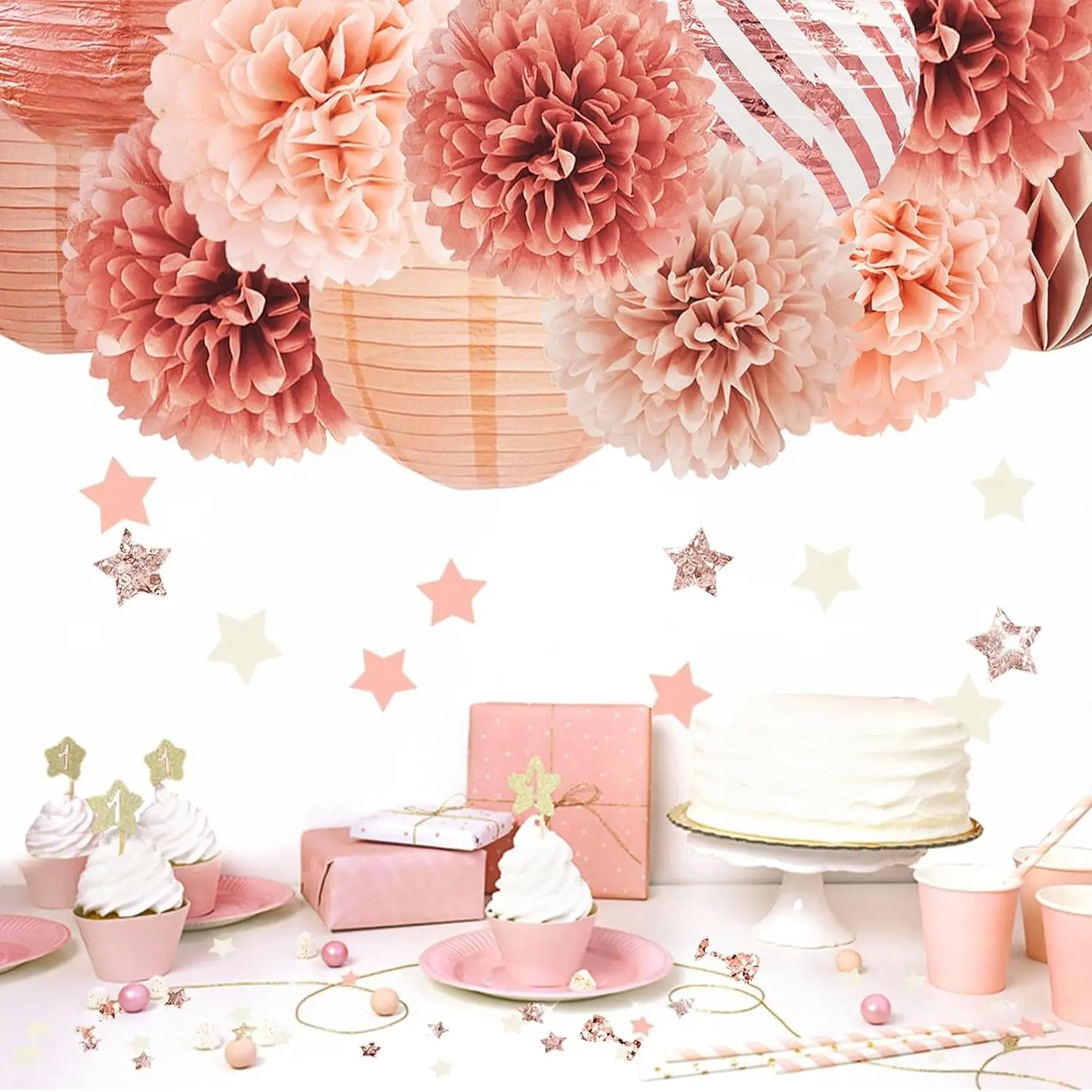 Rose Gold Party Decoration Set, 12 Pieces Elegant Party Supplies, Graduation Party Decor, Paper Flower Balls, Lanterns, Glitter Confetti, Ideal for Weddings, Birthdays, Singles Parties