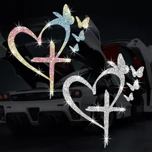 1-Piece Self-Adhesive Bling Rhinestone Cross Heart Sticker - Glitter Christian Faith Butterfly Decal, Waterproof Water-Resistant Religious Crucifix Car Vehicle Accessories for Auto Exterior Window Bumper Decoration Gift