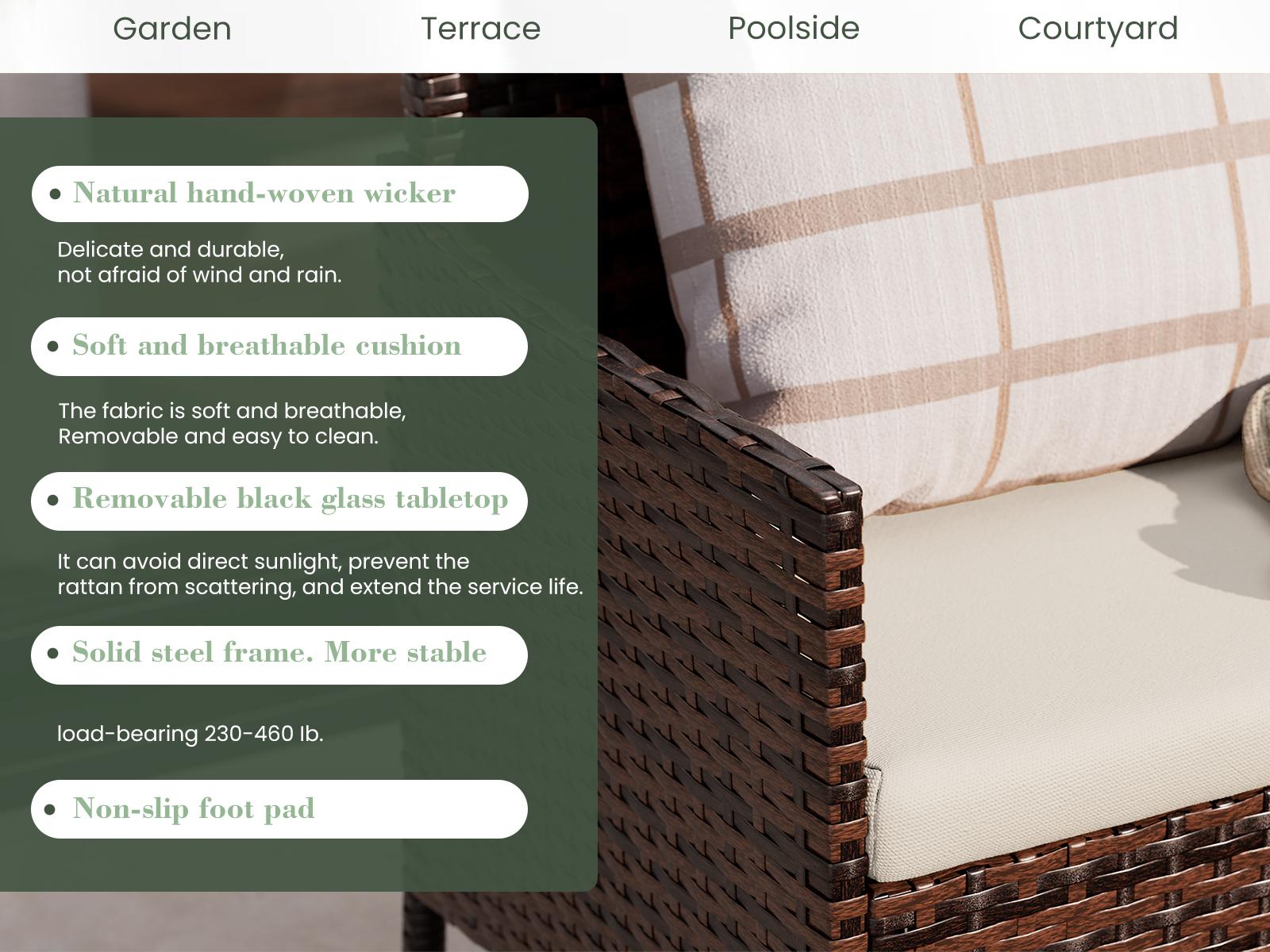 UDPATIO Spring Greenish Outdoor Patio Furniture Set with Cushions and Coffee Table Hand -Woven PE Wicker Rattan Chairs for Garden Balcony Backyard Pool Ergonomic Home depatio SpringGardening