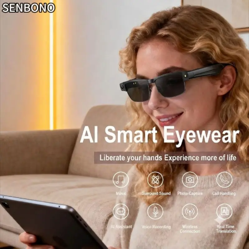 SENBONO AI Bluetooth-compatible Smart Glasses, Multilingual Translation, Color-Changing Lenses, Sweat-Resistant, Ideal for Travel, Outdoor, Business