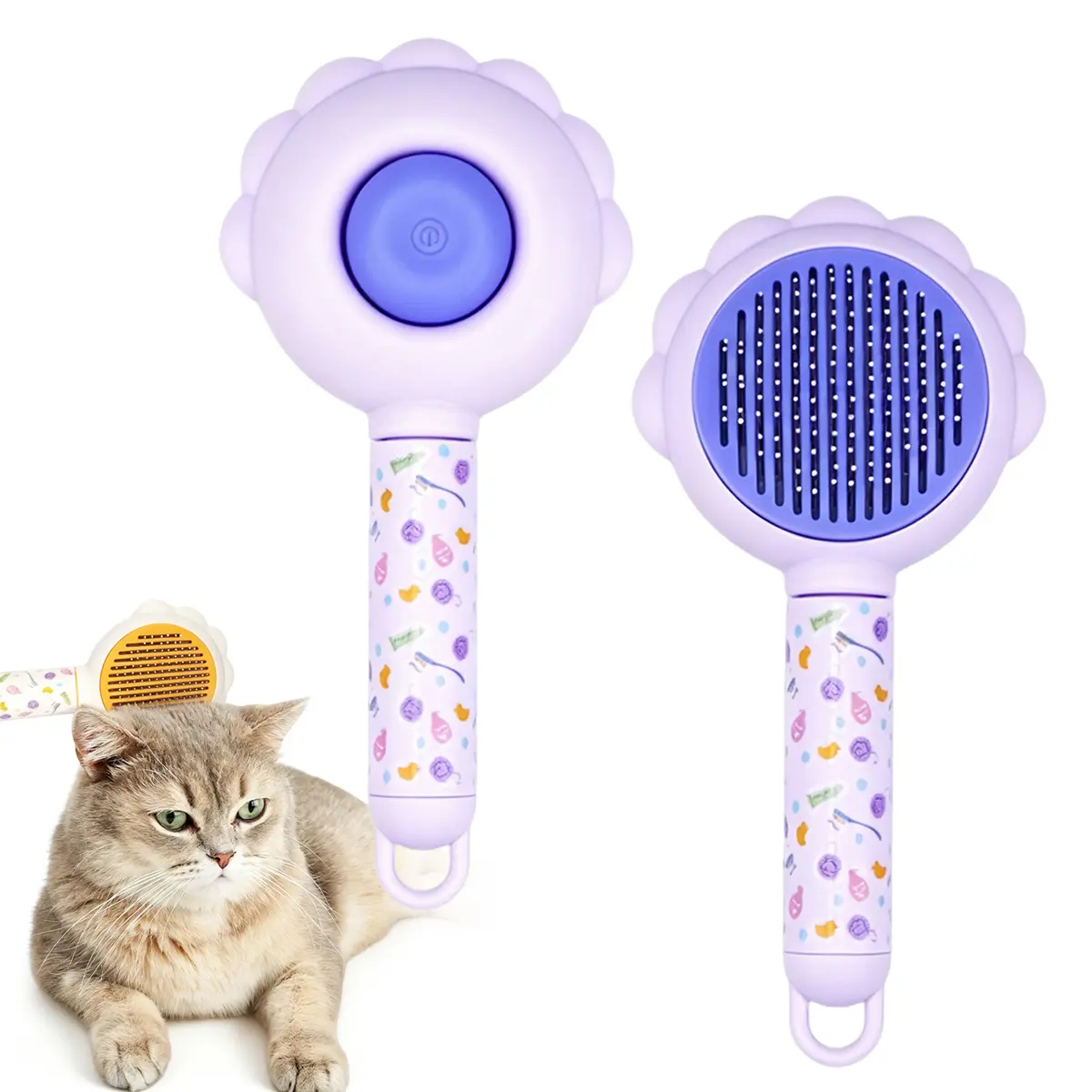 Sunflower-print Pet Grooming Comb,Pet Detangling Fur Removal Brush,One Click Easy Clean for Long Short Hair Cats Dogs Grooming