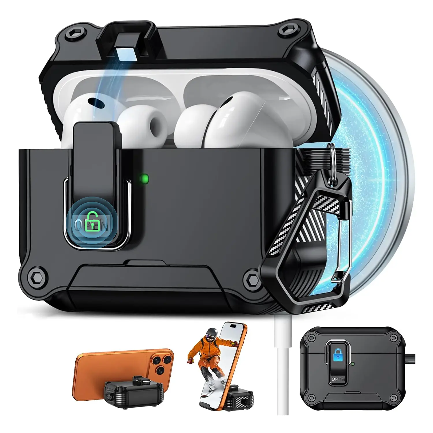 AirPods Pro 3/2/1, AirPods 4 Shockproof Case, MagSafe Compatible Hard Protective Cover with Auto Magnetic Lock, 360° Rotating Phone Stand, Wireless Charging, Anti-Drop Earbuds Case with Carabiner