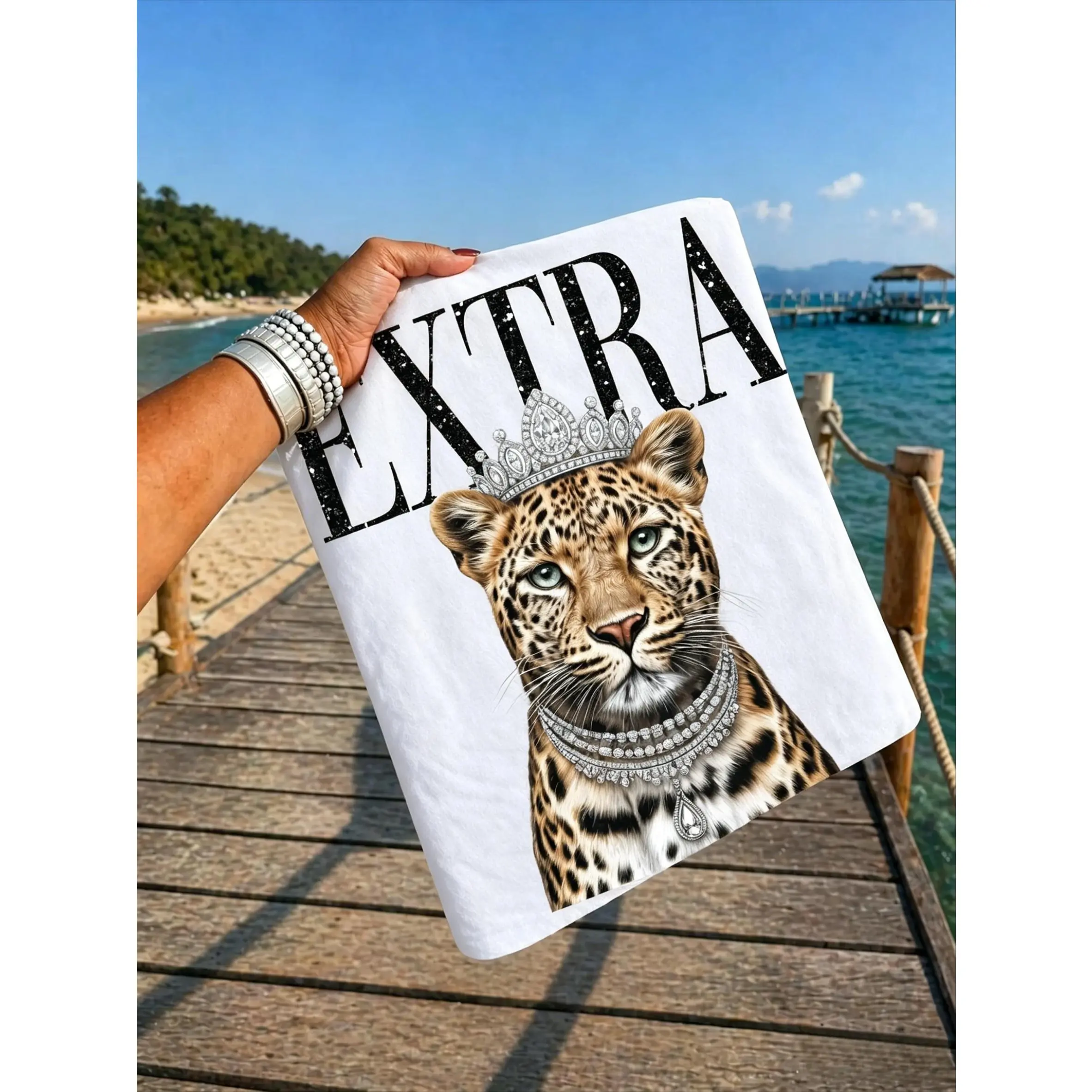 Trendy Boho Leopard Print Shirt with Crowned Cheetah Graphic, Short Sleeve Round Neck Fashion Apparel,back to school,back to school shopping, Streetwear