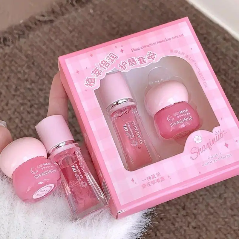 2pcs lip oil & hydrating lip mask set. Deeply hydrates, relieves dry lips and fine lines. Plumps lips effectively, ideal daily natural lip care kit for girls and young women.