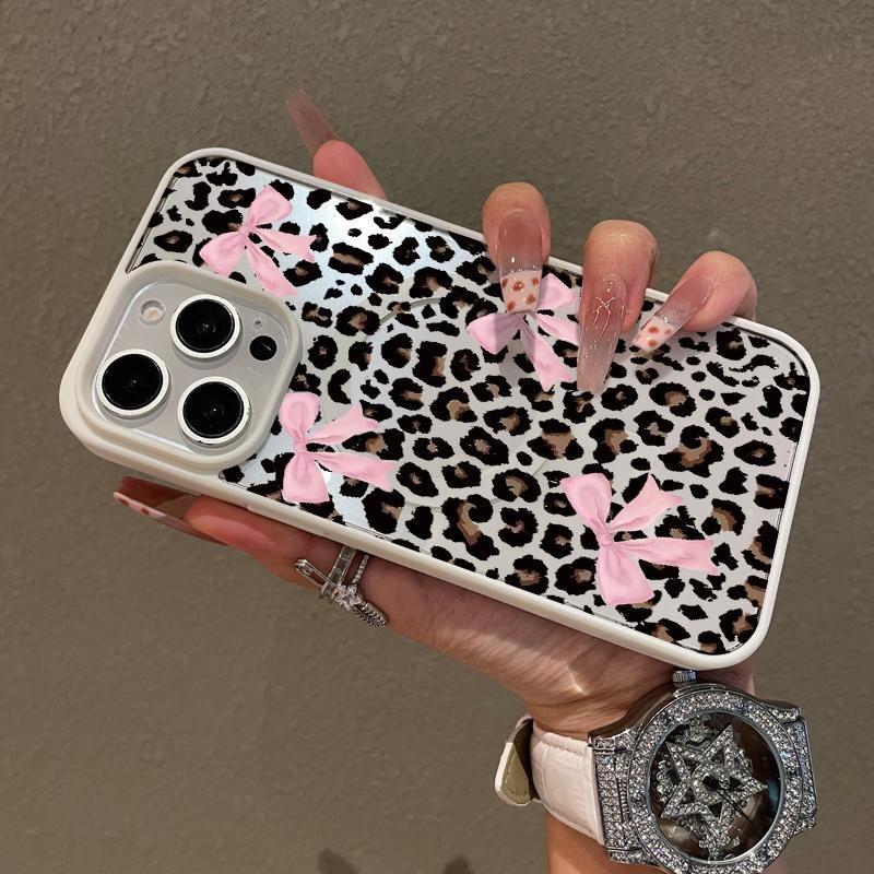 Leopard Print Bow Pattern Premium Magnetic Phone Cases for iPhone 16 15 14 Pro Max 13 12 11 Plus Smartphone Shockproof Protection Acrylic Cover Cellphone Protective magsafe magnetic case Aesthetic Resistance Casing Protector.QXE719