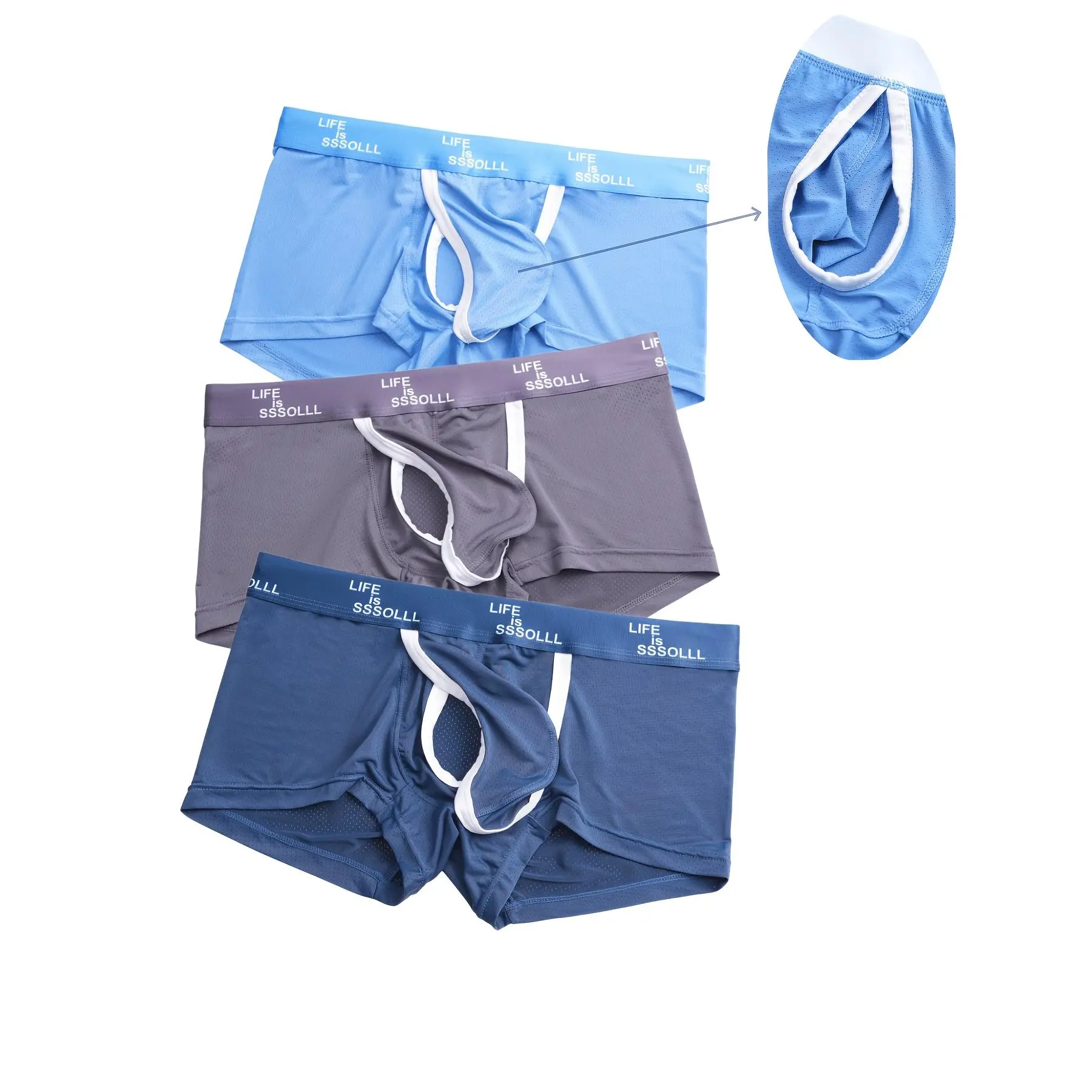 Men's 3-Piece Mesh Boxer Briefs - Plus Size, High-Stretch, Breathable, Soft, Skin-Friendly, Solid Color, Letter Waistband, Snug Fit, Machine Washable Sports Underwear, Polyester, Menswear, Knit