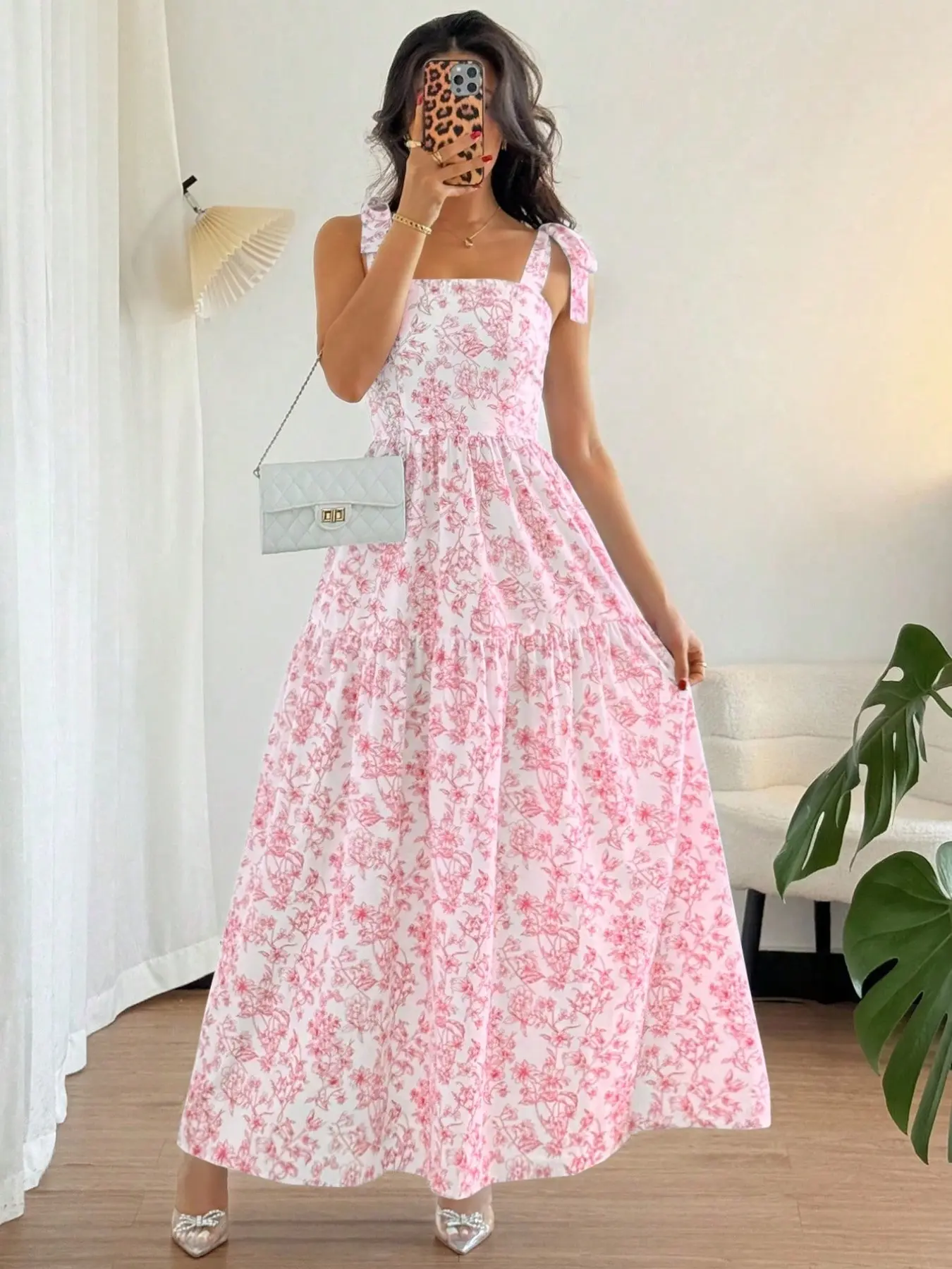 Women's New French Casual Boho Elegant Ditsy Floral Summer Long Dress, Sleeveless Ruched Lace Hem Holiday Date Gown, Women's Vacation Dress, Holiday, Dating