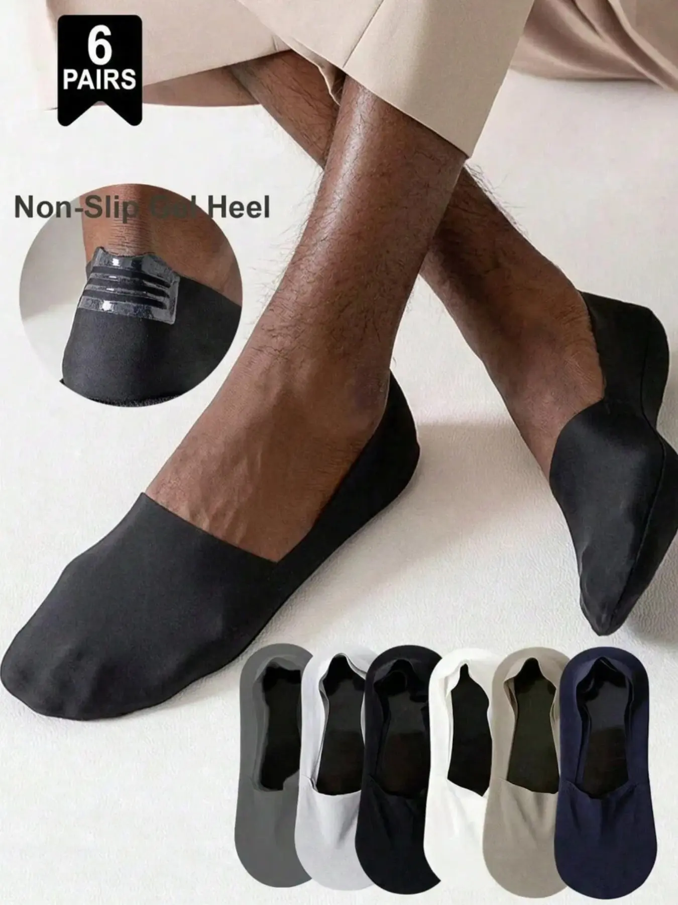 6-Pair Pack of Men's Ultra-Thin Invisible Ankle Socks, Short Socks, Ice-Silk Socks, Casual Socks, Silicone Anti-Slip Business Shoe Socks Set (Prevents Heel Slippage), Black, White, Gray, and Other Colors, Low-Cut, Breathable Everyday Socks