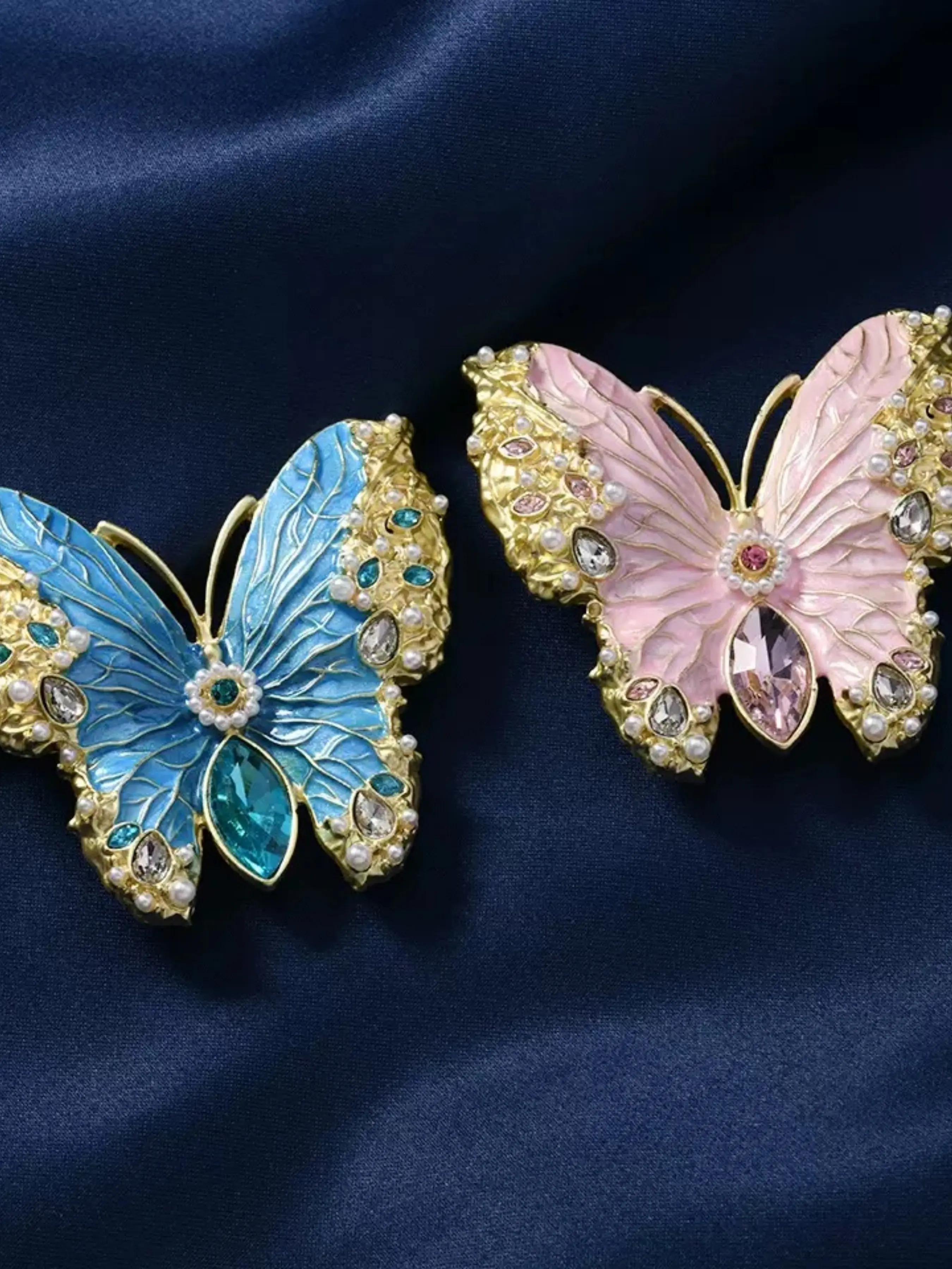 2pcs Enamel Rhinestone Butterfly Brooches, Trim, Pearl & Rhinestone Accent, Vintage Style, Blue, Versatile Fashion Accessory