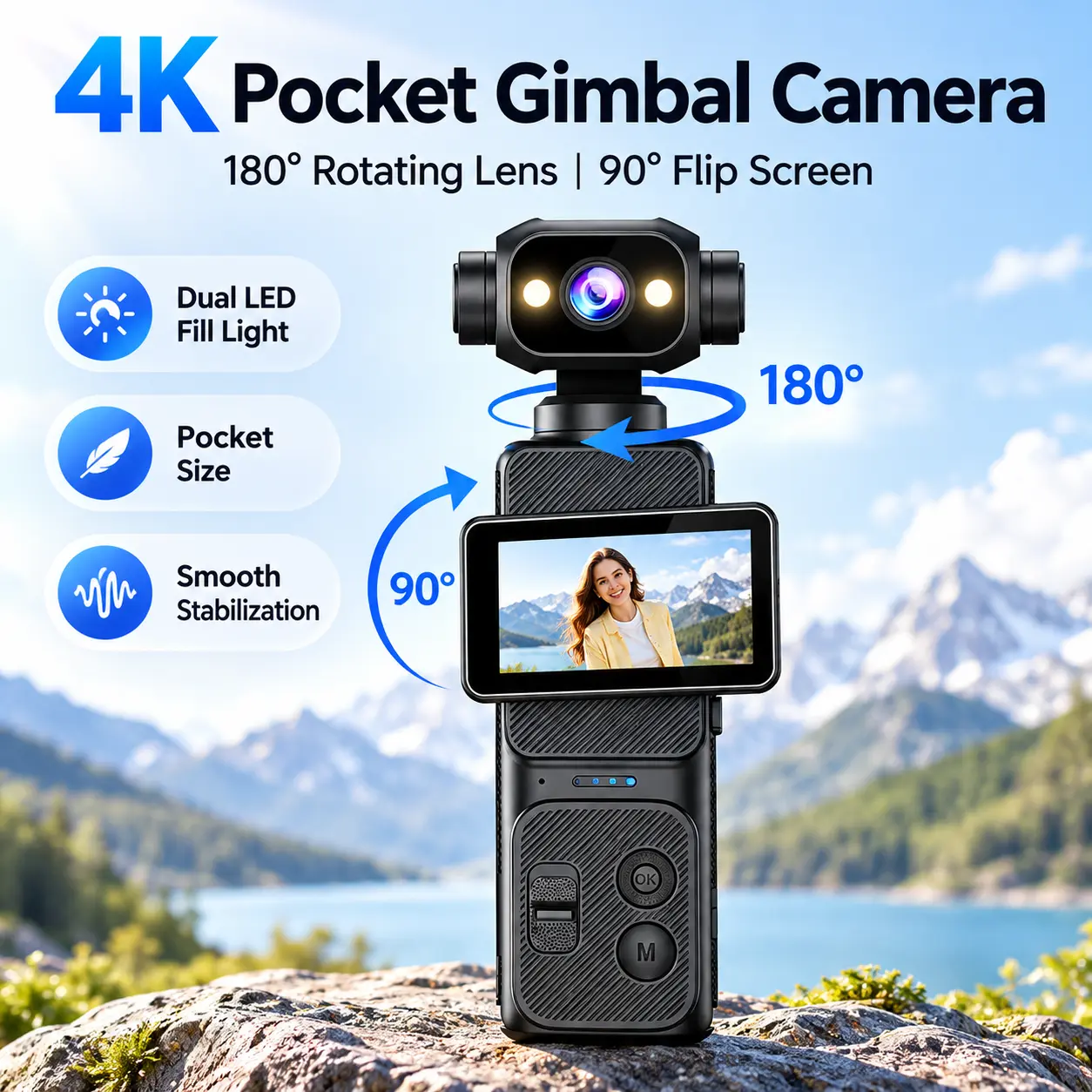 4K Pocket Gimbal Camera Handheld Vlog Video Camera Stabilizer 180 Degree Rotating Lens 90 Degree Flip Screen Dual LED Fill Light Night Recording WiFi Autofocus Compact Mini Camcorder for Selfie Travel Cycling Family Outdoor Vlogging Creator Blogger Gift