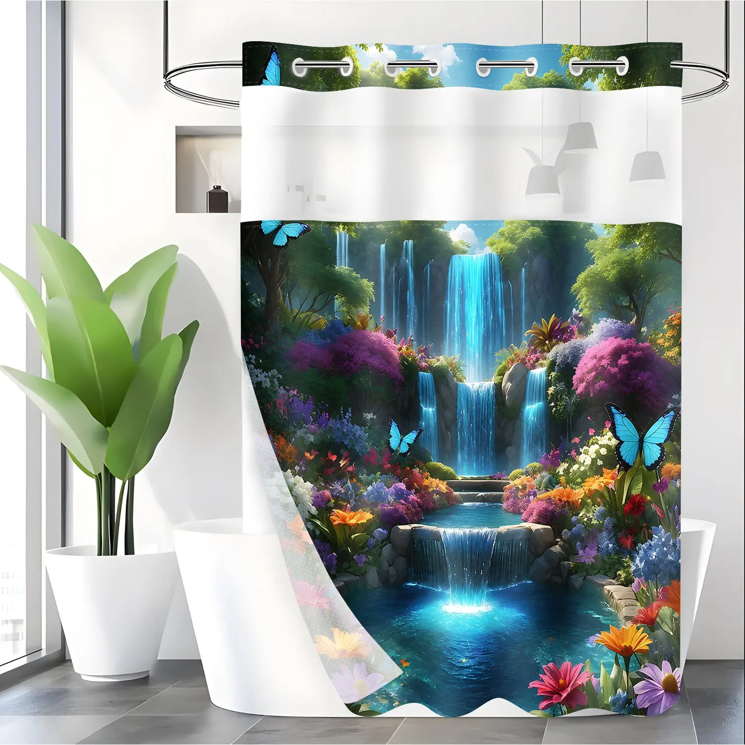 LVRLVR 1pc Dreamy Forest Waterfall Aesthetic Botanical Floral Shower Curtain, Tropical Colorful Flower Blue Butterfly Nature Landscape Print, Sheer Top Window, Detachable Liner & No Hook C-Ring, Shower Curtain No Hooks, 70.8" x 74"