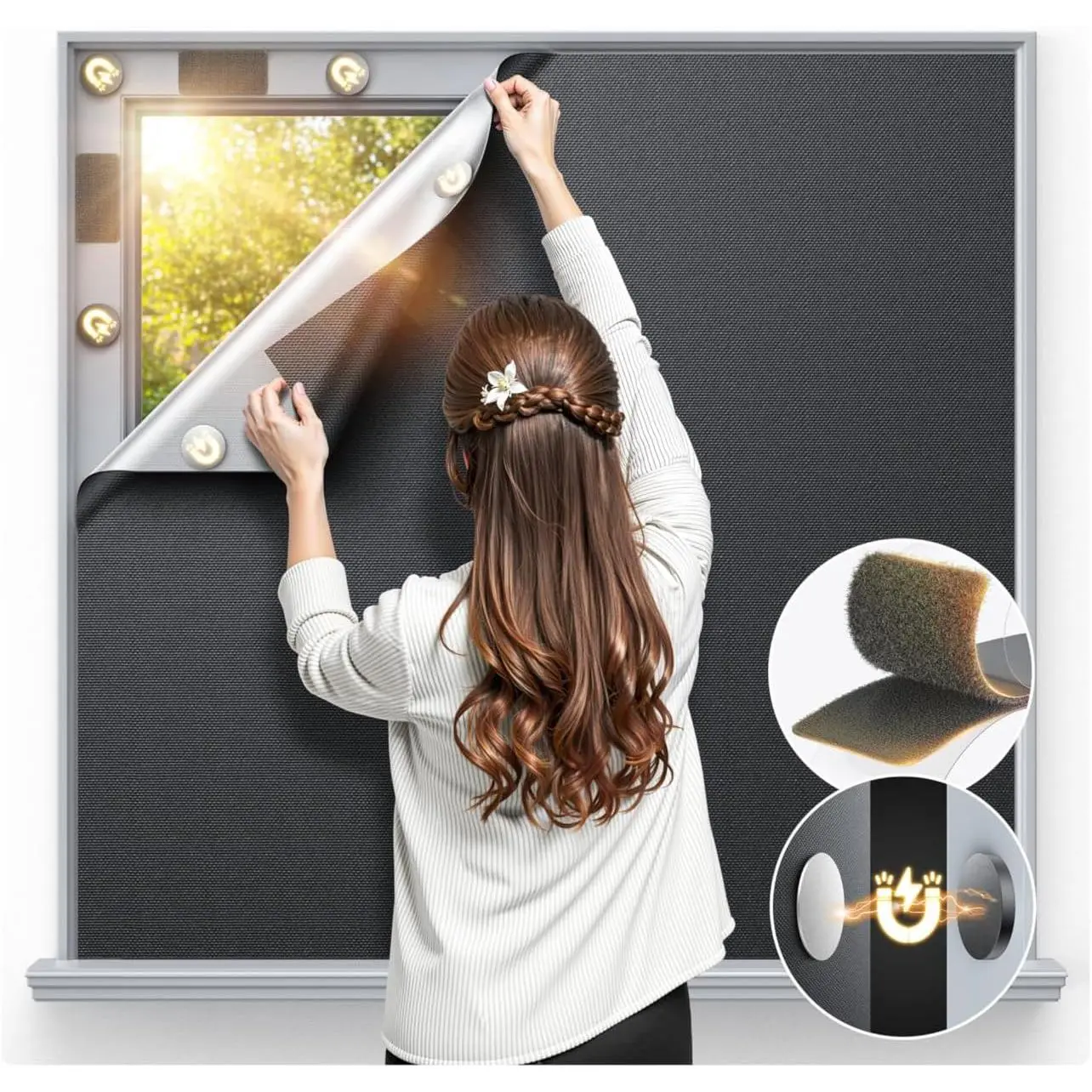 40"x58" Portable Blackout Window Curtains - Temporary No-Drill Light Blocker Shades for Bedroom, DIY Home Improvement Privacy Cover (Black)