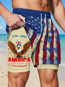 Men's Double-Layer Quick-Dry Shorts, Vintage American Flag Eagle Fireworks Print, Drawstring Anti-Chafe Beach Shorts, Surfing, Beach Trunks