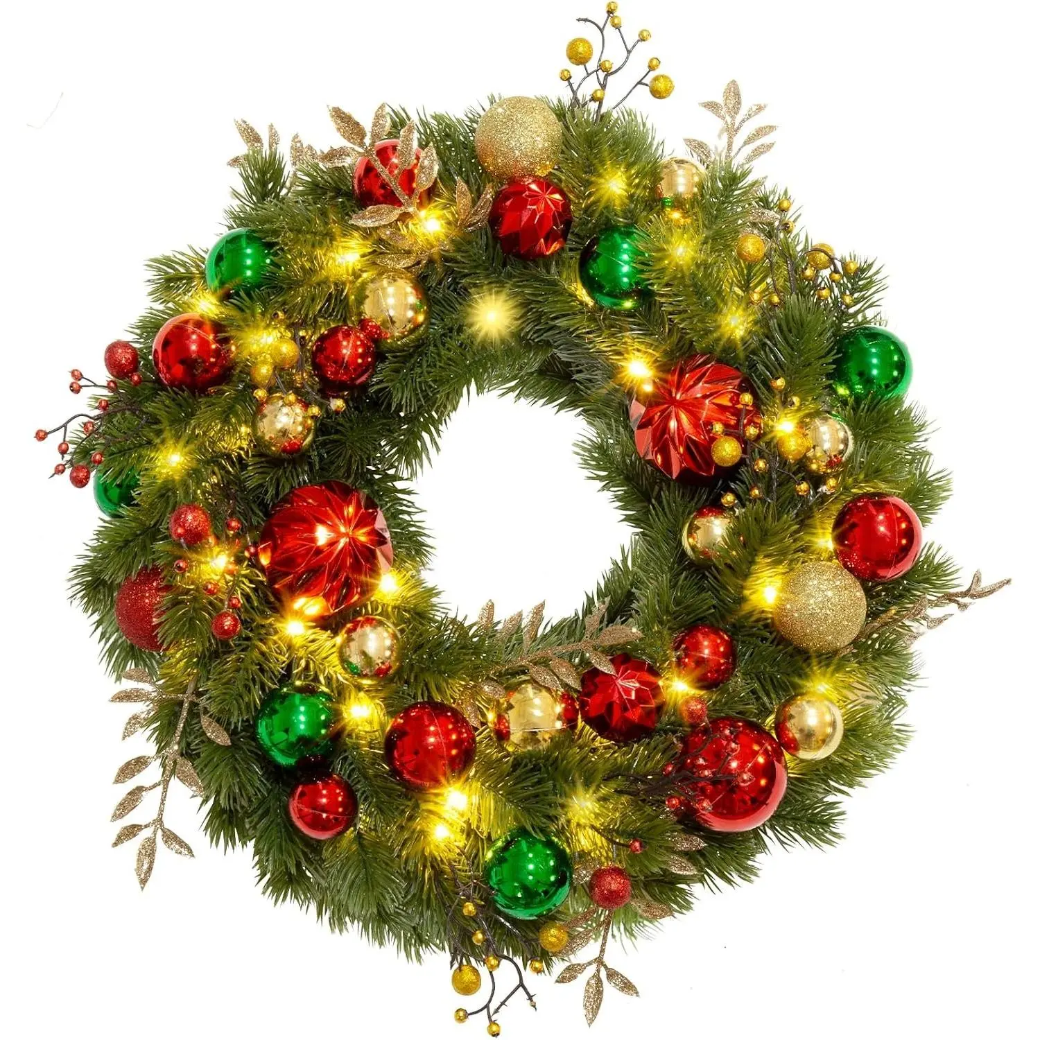 16 Inch 40 LED Lighted Christmas Door Wreath Hanging Red Green Gold Ball Ornaments, 8 Modes Timer Function Christmas Wreath Decorations for Holiday Outdoor Indoor Front Door Wall Windows Mantle