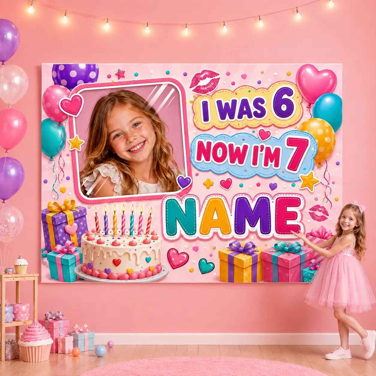 Customizable Personalized 7th Birthday Backdrop for Girls, Custom Name Pink Sweet Photo Banner, 6-7 Age Cake Balloon Party Decor (Festive & Party Supplies)