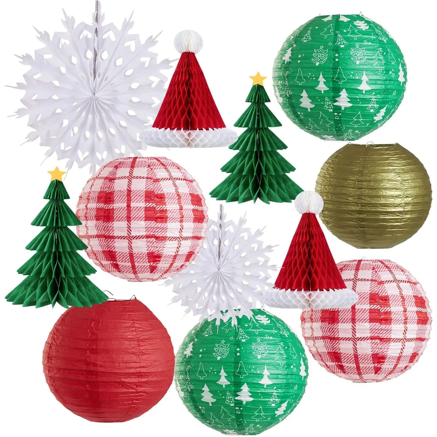 Christmas  Decorations, 12 count Paper Lanterns,  Christmas Trees,  Paper Fans, Red Green  White Holiday Party Supplies for  Xmas Holiday Party