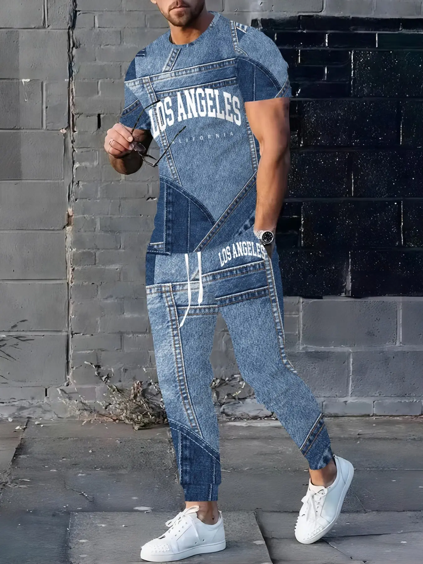 Men's Patchwork Denim Jumpsuit, Casual Workwear Style, Graphic Letter Design, Korean Fashion Slim Fit Long Pants, Spring & Fall