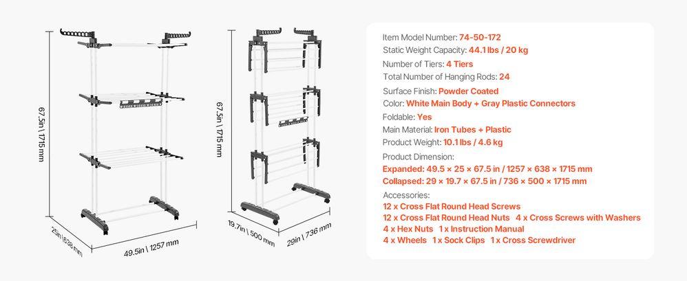 Clothes Drying Rack, Oversized 4-Tier(67.7" High) Foldable Stainless Steel Drying Rack Clothing, Movable Drying Rack with 4 castors, 24 Drying Poles and 14 Hooks for Bed Linen, Clothing