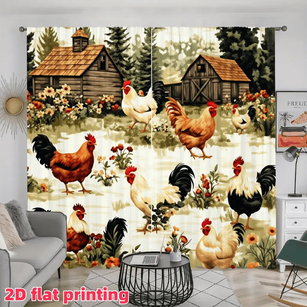 2D Flat 2Pcs Farmhouse Rooster Chicken Print Curtains, Rustic Barn Countryside Landscape Window Drapes, Semi-Shade Rod Pocket Panels for Living Room Bedroom Kitchen, Home Decor Accessory, Anti-Privacy, Semi Shading Curtain