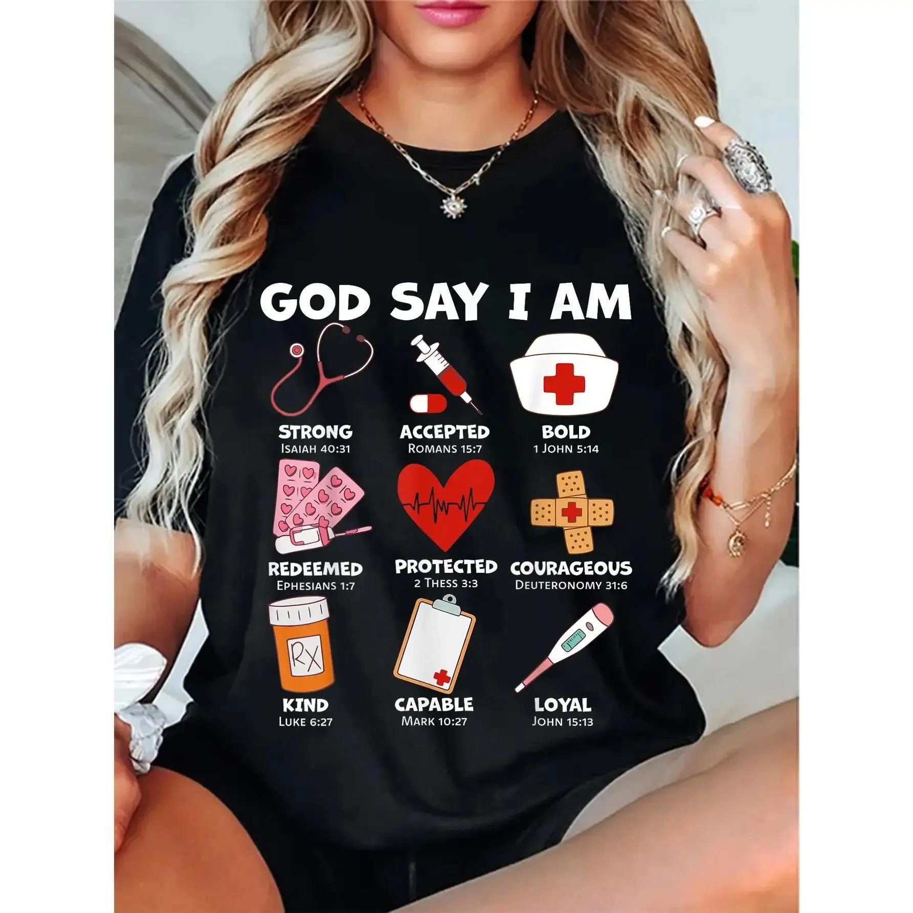 Women's 100% Cotton Short-Sleeve Soft Seamless Apparel, Unisex Religious "God Says I Am Strong Protected" Nurse Nursing Casual Comfortable T-Shirt, Shortsleeve, Printed, Tshirt, Round Neck, Graphic Print, Relaxed Cut, Twist, Pieces, Lady