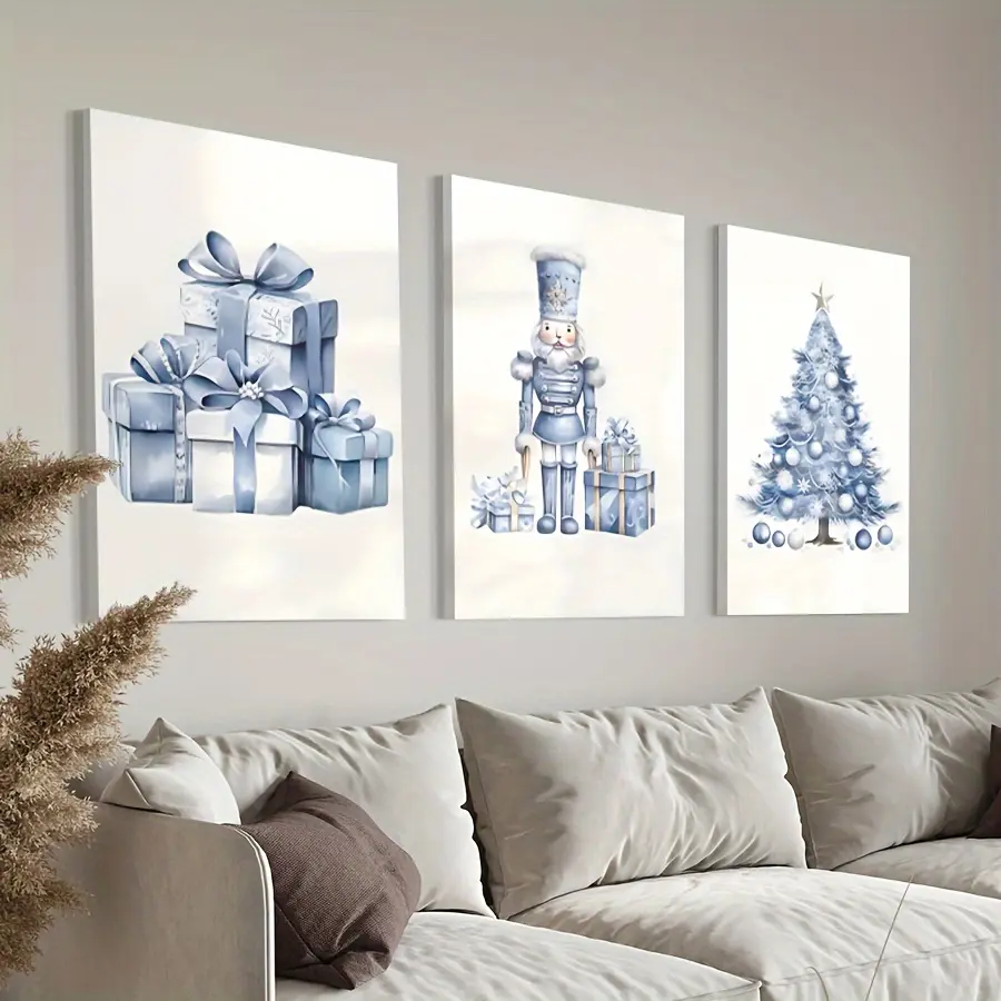 2D/flat, 3-piece canvas wall art set, blue Christmas prints, navy blue Christmas decorations, printable Christmas art, neutral Christmas decorations, nutcracker prints, digital art