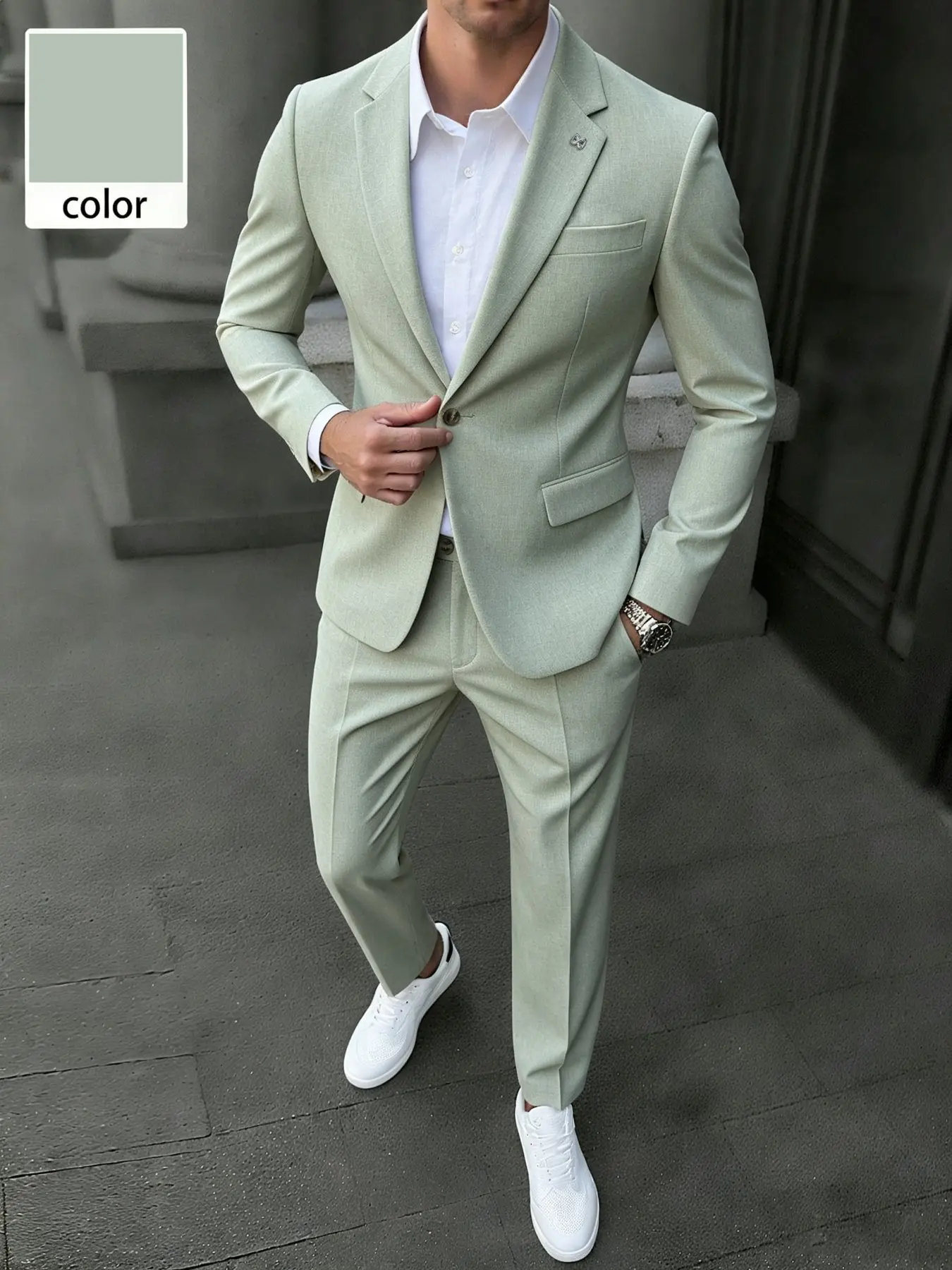 Men's suit set featuring a minimalist design; suitable for various occasions including business casual settings and social gatherings. Crafted from lightweight fabric suitable for year-round wear, it offers a sophisticated, mature style.