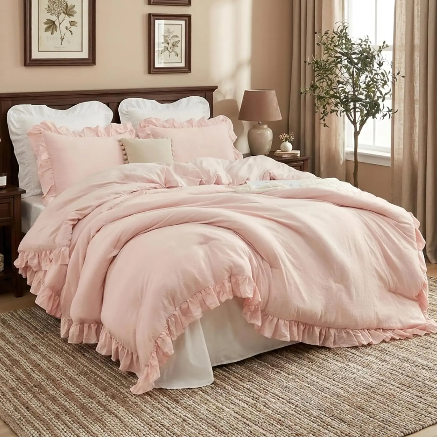 Queen Size 3PCS Ruffled Fluffy Bedding Set - Soft Washed Microfiber Lightweight All-Season Comforter with Vintage French Country Style Queen Bedding Sets,back to school,back to school shopping,home decor