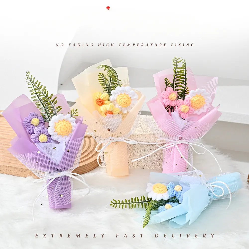 5 pcs Artificial flower gifts, preserved mini bouquets, knitted puff flowers, decorative accessories, cross-border wholesale, fake flower souvenirs