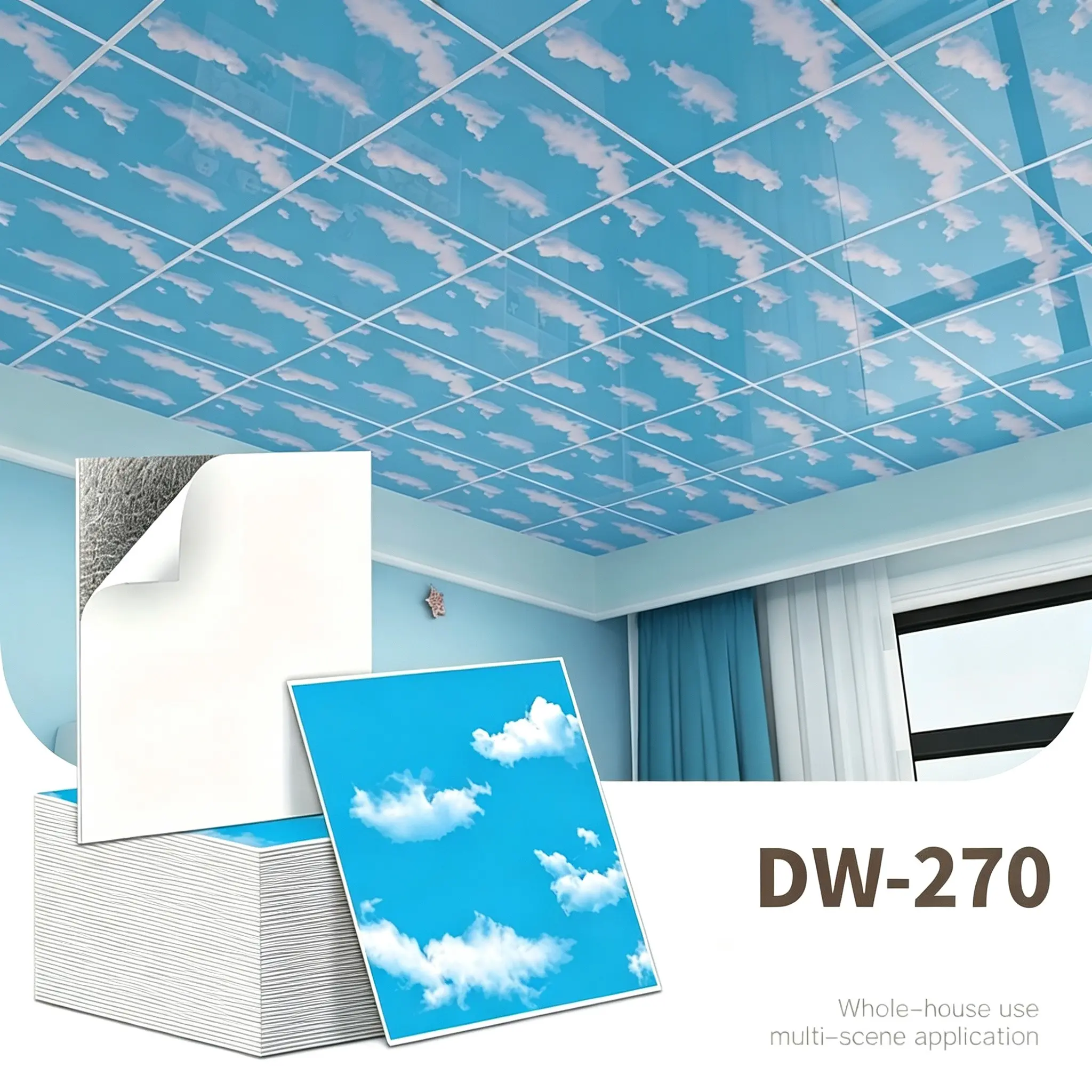 50 Sheets Self-Adhesive Sky Blue Cloud Wallpaper, Removable Ceiling Wallpaper, Waterproof Cloud Wall Stickers, for Bedroom Living Room