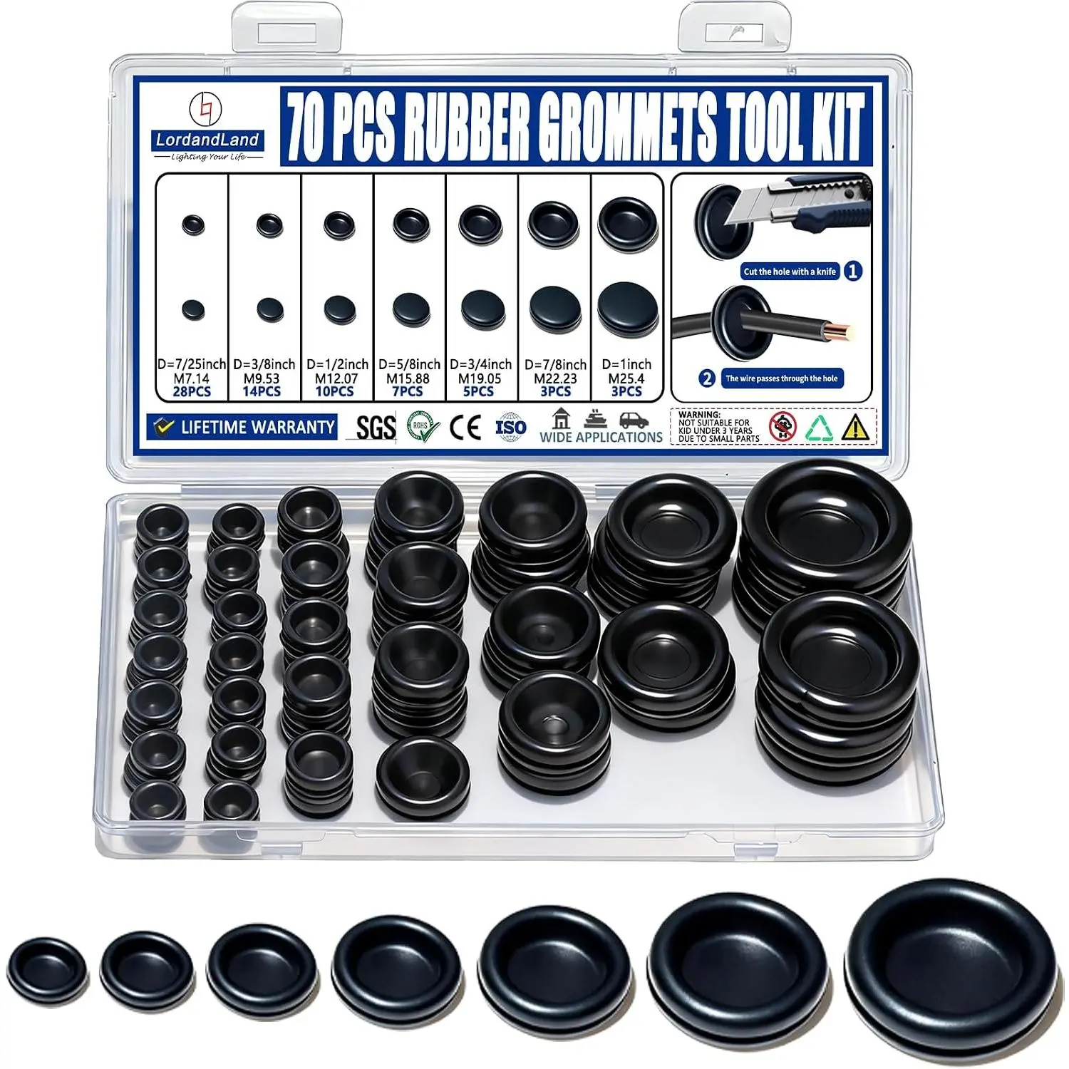 Rubber Grommet Kit 70 Pack - 7 Sizes Firewall Rubber Hole Plugs Rubber Grommets for Wiring, Automotive,  Improvement Cord Pipe Wire Organization