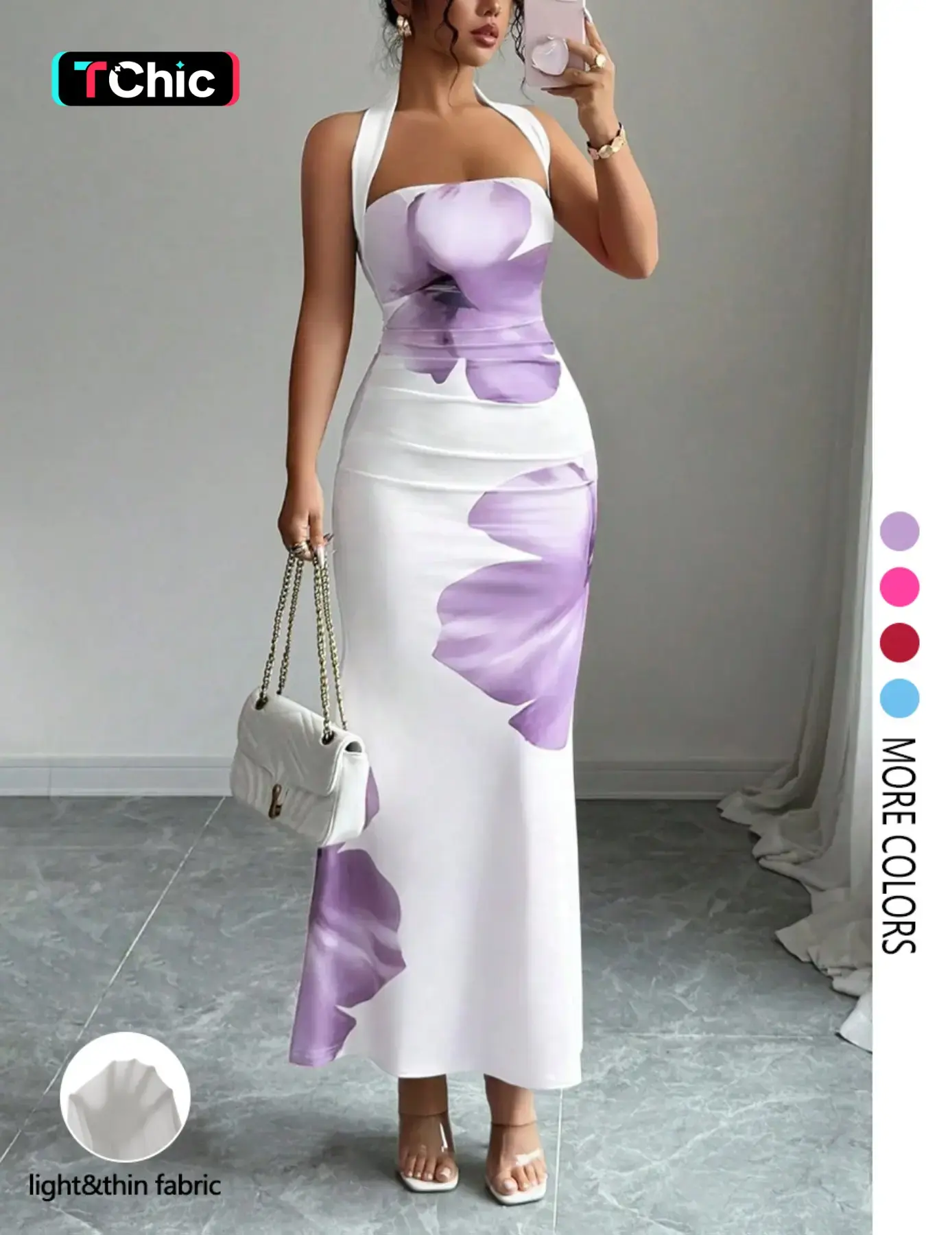 Women'sSummer Halter Adjustable Tie Waist Slim Fit Elegant Chic Printed Mid-Length Dress