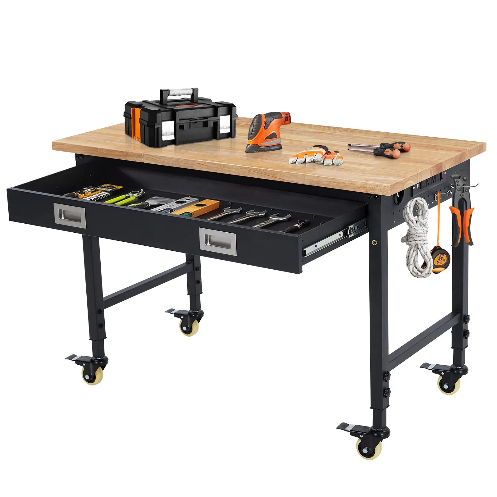 Garvee Heavy Duty Adjustable Workbench with Drawers – 48 Inch Sturdy Rubber Wood Top, Metal Frame, Pegboard, Power Outlets & Hooks, 2000lbs Rolling Table for Garage, Workshop, Warehouse