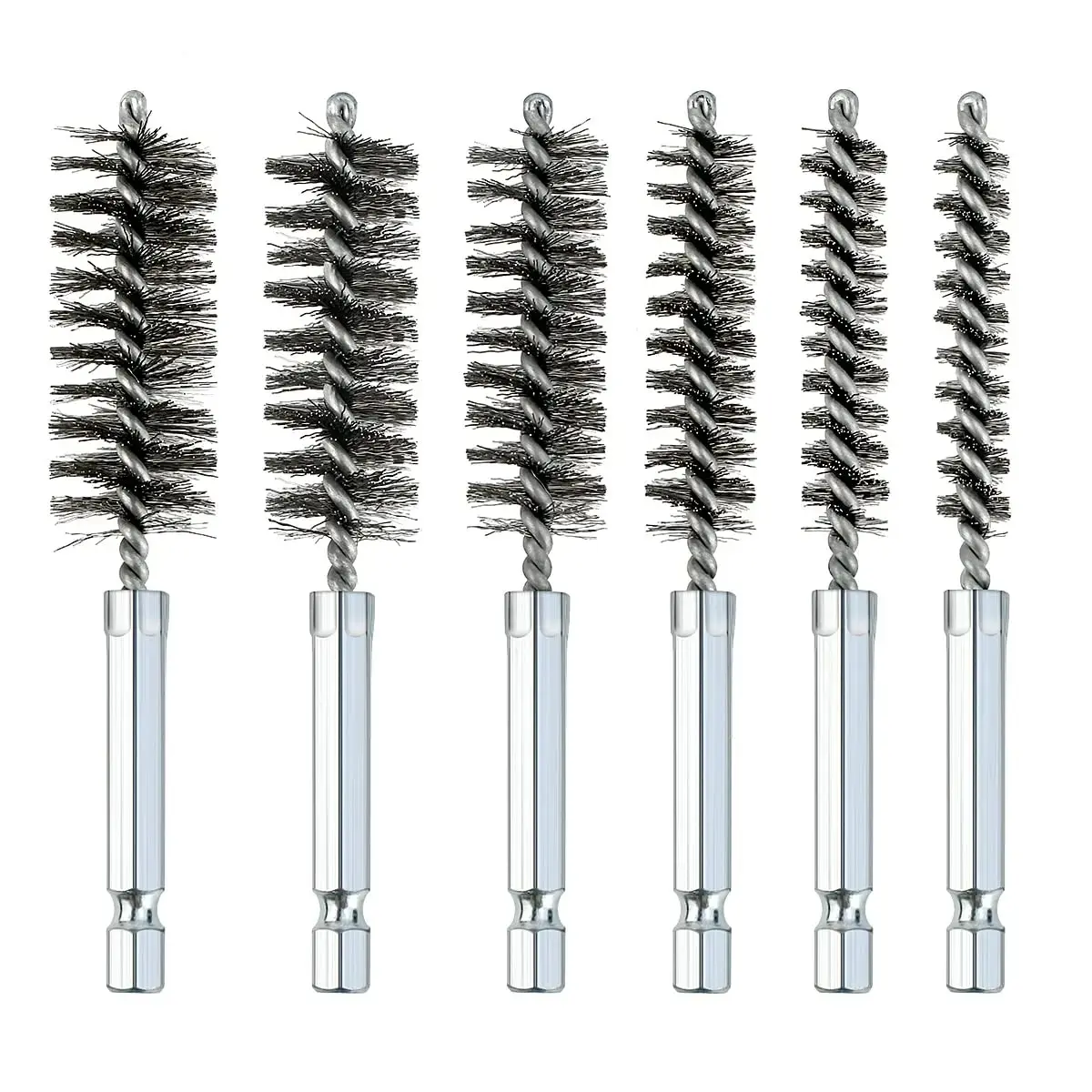 Bore Brush Set 6-Piece Stainless Steel Twisted Wire Brushes | Rust Removal Pipe Hardware Cleaning Tools | 1/4" Hex Shank Tube Cleaner Drill Attachment