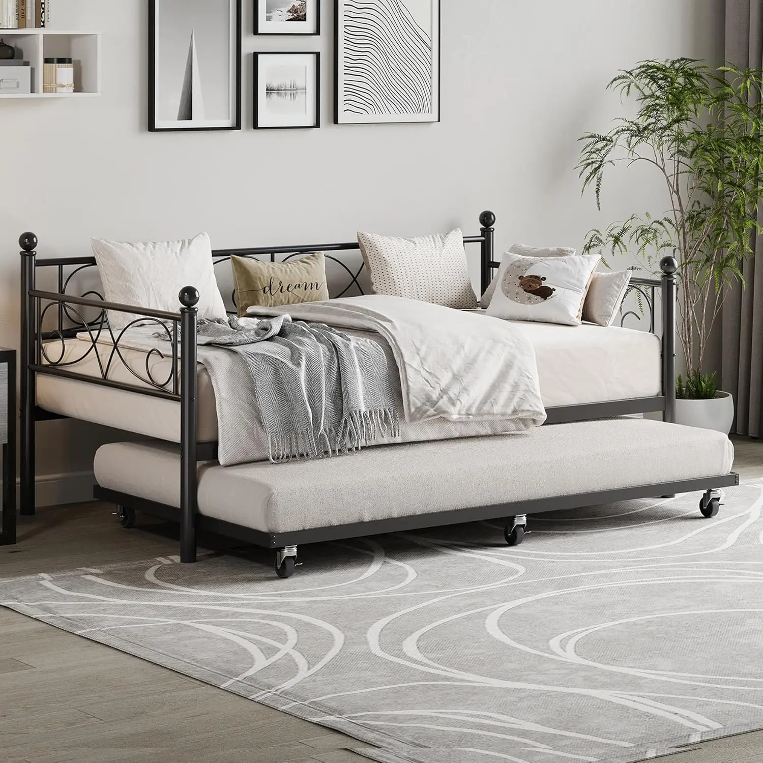 Garvee Space-Saving Twin Metal Daybed with Trundle – Heavy Duty Steel Slats – Modern Sofa Bed Frame with Headboard – Mattress Foundation for Bedroom, Teens, Kids, Adults – Black/White/Gold