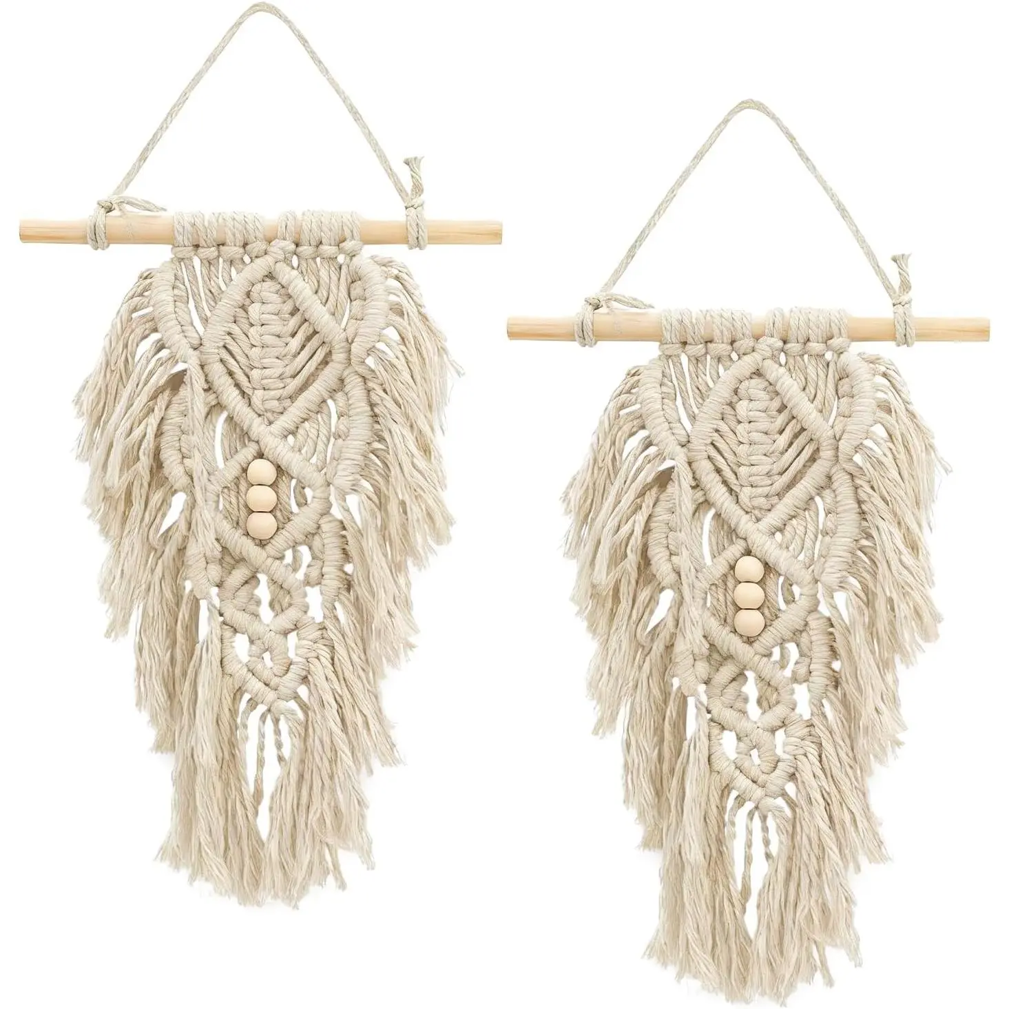ASTIMESA 2 Packs Handmade Macrame Leaves Wall Hanging Decor, Vintage Woven Leaf Tapestry, Chic Boho Wall Art with Tassels Beads for Living Room Bedroom Home White