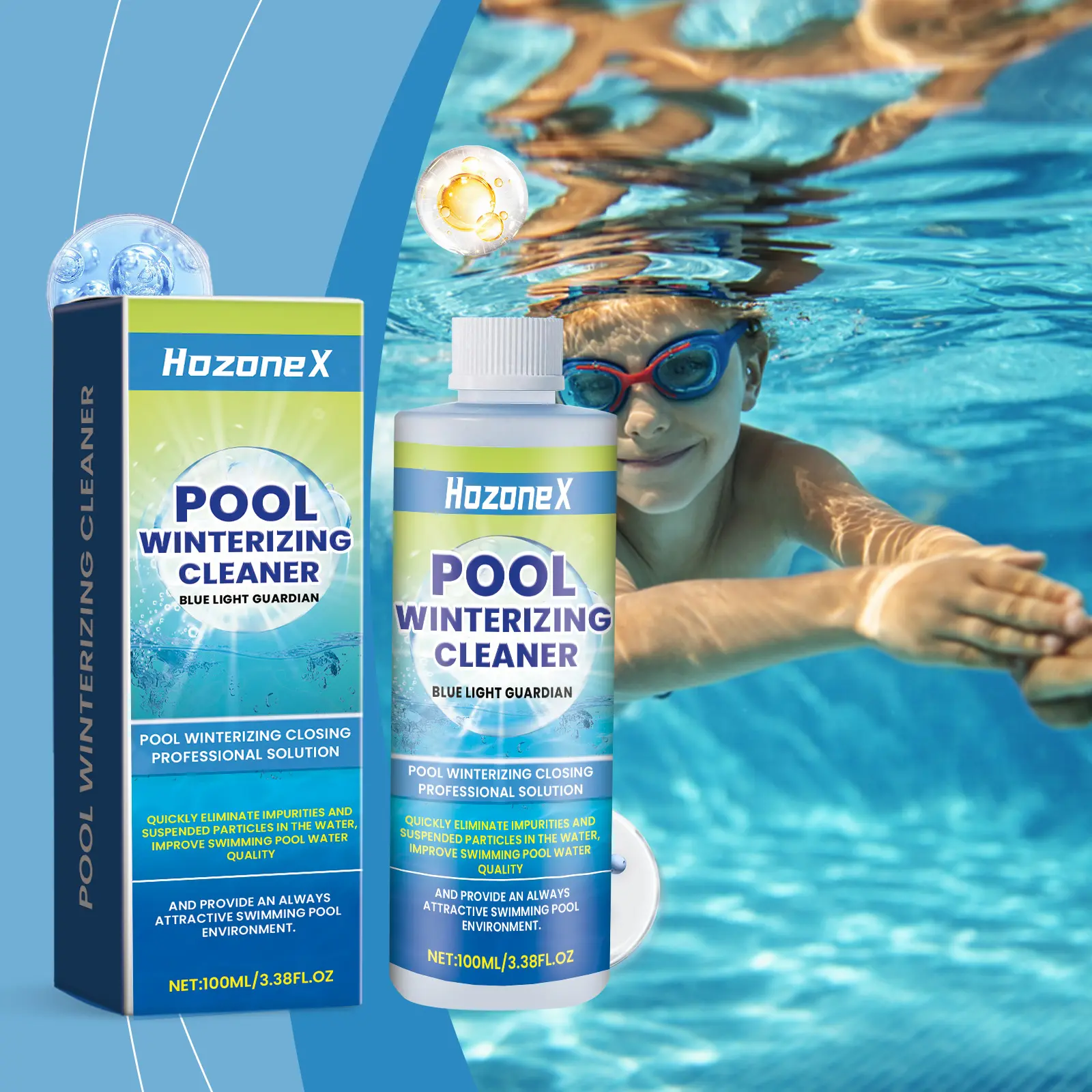 HozoneX 100ml Pool Winterizing Cleaner and Water Clarifier 3.38 fl oz, Professional Closing Solution for Fast Elimination of Impurities and Suspended Particles, Blue Light Guardian Pool Maintenance