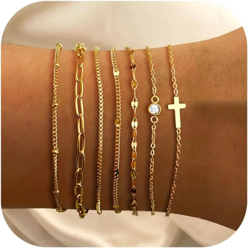 Women's 7-PC 14K Gold Plated Stackable Bracelet Set, Dainty Exquisite Cuff/Cross/Cuban Chain Bracelets, Waterproof Adjustable Thin Link, Non Tarnish Hypoallergenic Gold & Silver Tones Jewelry for Women, Stackable Bracelets