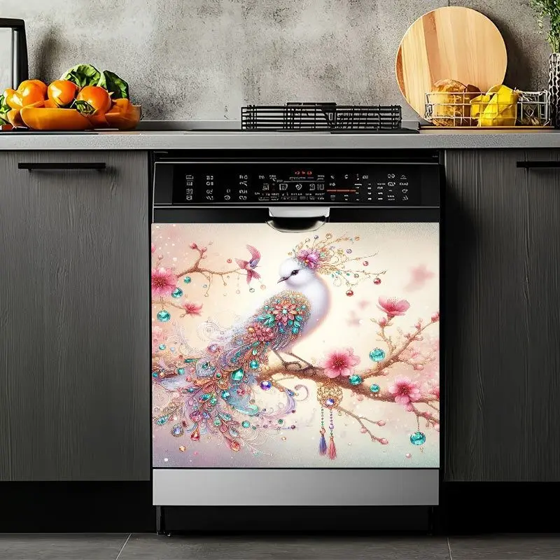 2D Flat 2Pcs Elegant Peacock Dishwasher Sticker Floral Cherry Blossom Design Waterproof PVC Kitchen Appliance Cover Decal Home Decor for Refrigerator Washing Machine Cabinet Furniture Self-Adhesive Removable Modern Art